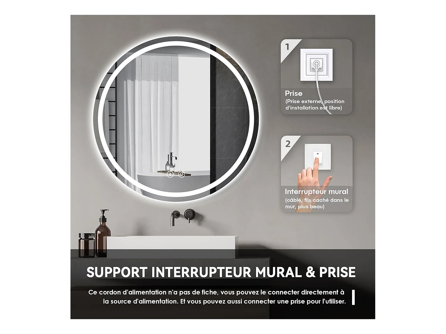 Specchio da bagno rotondo a LED da 70 cm, antiappannamento, dimmerabile in 3 colori, con memoria, vetro temperato HD, sensore touch, IP44