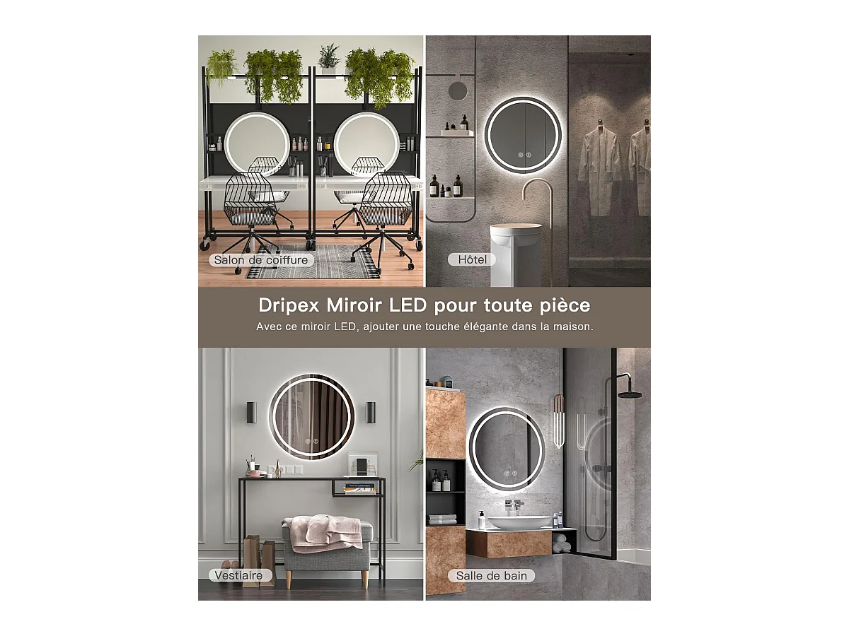 Specchio da bagno rotondo a LED da 70 cm, antiappannamento, dimmerabile in 3 colori, con memoria, vetro temperato HD, sensore touch, IP44