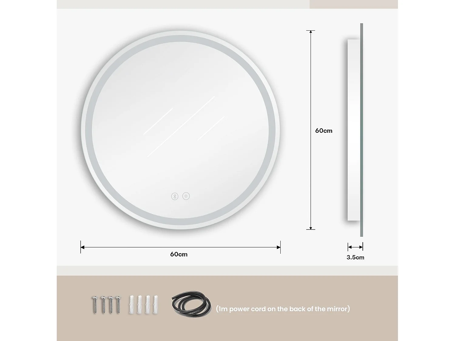 Miroir LED Rond Salle de Bain 60cm avec Anti-buée, Haut-Parleur Bluetooth, 3 Couleurs, Dimmable, Interrupteur Tactile