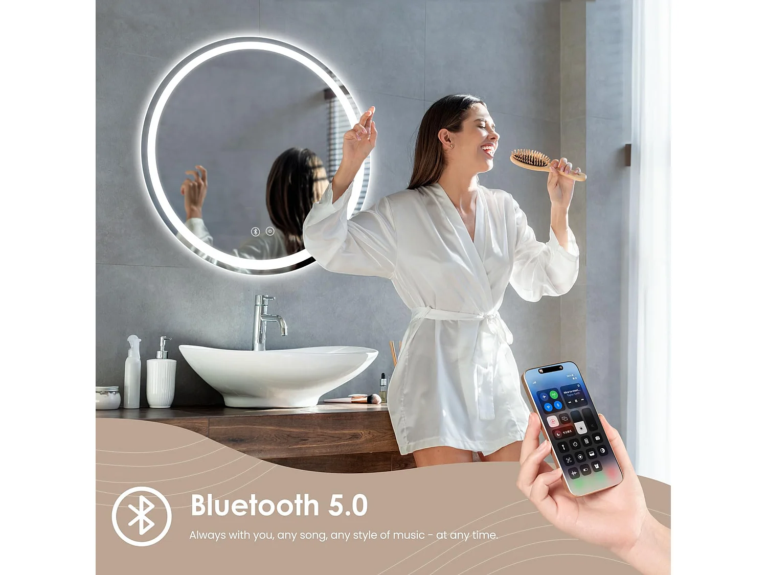 Miroir LED Rond Salle de Bain 60cm avec Anti-buée, Haut-Parleur Bluetooth, 3 Couleurs, Dimmable, Interrupteur Tactile