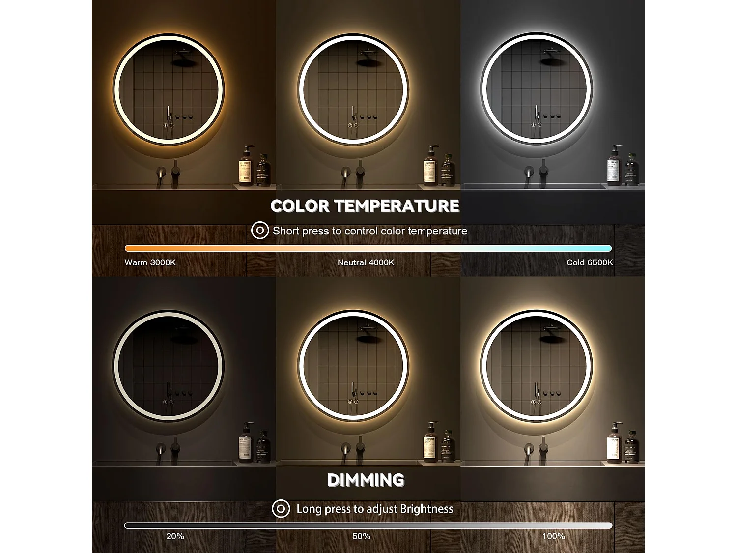 Miroir LED Rond Salle de Bain 60cm avec Anti-buée, Haut-Parleur Bluetooth, 3 Couleurs, Dimmable, Interrupteur Tactile