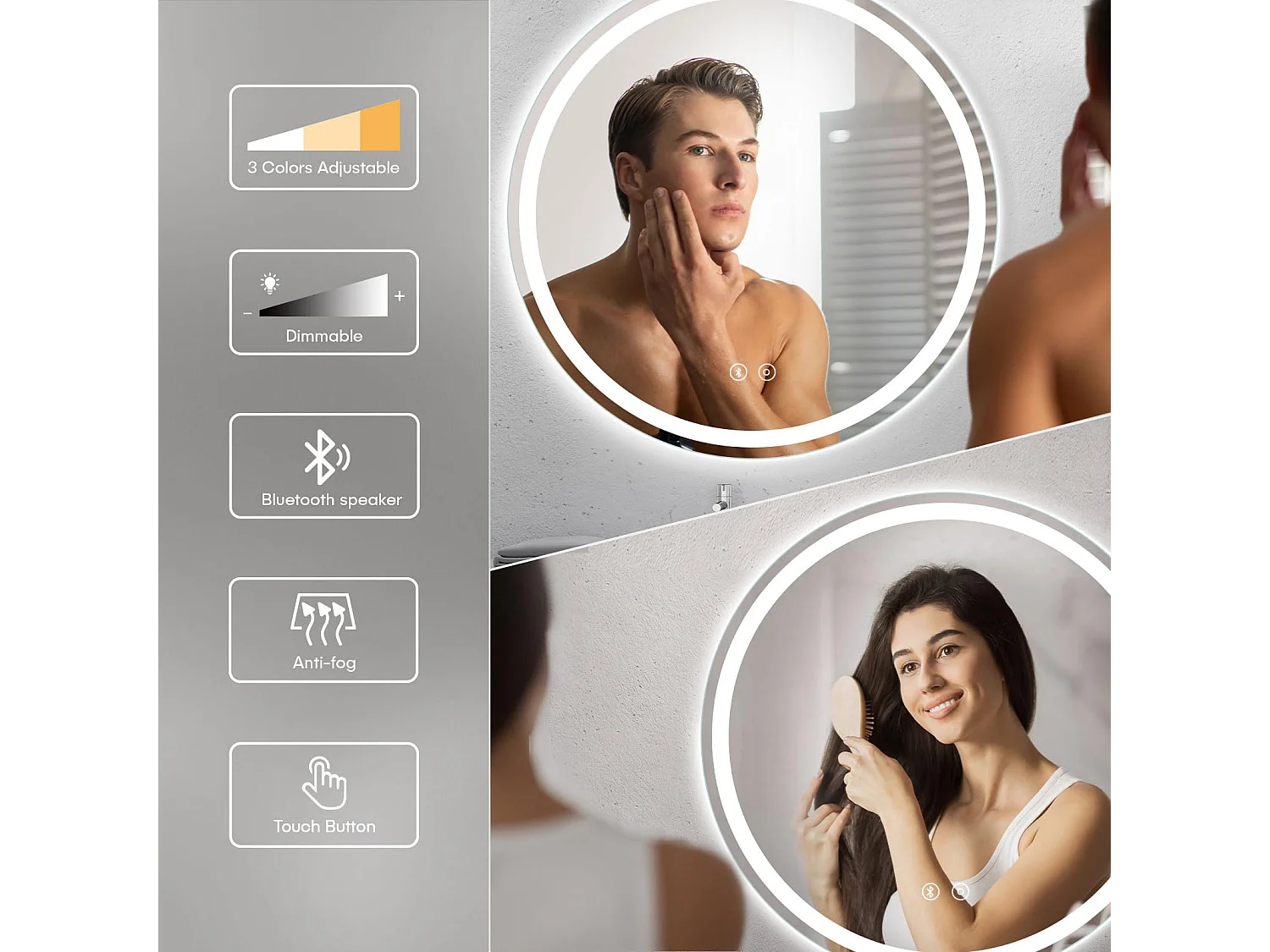 Miroir LED Rond Salle de Bain 60cm avec Anti-buée, Haut-Parleur Bluetooth, 3 Couleurs, Dimmable, Interrupteur Tactile