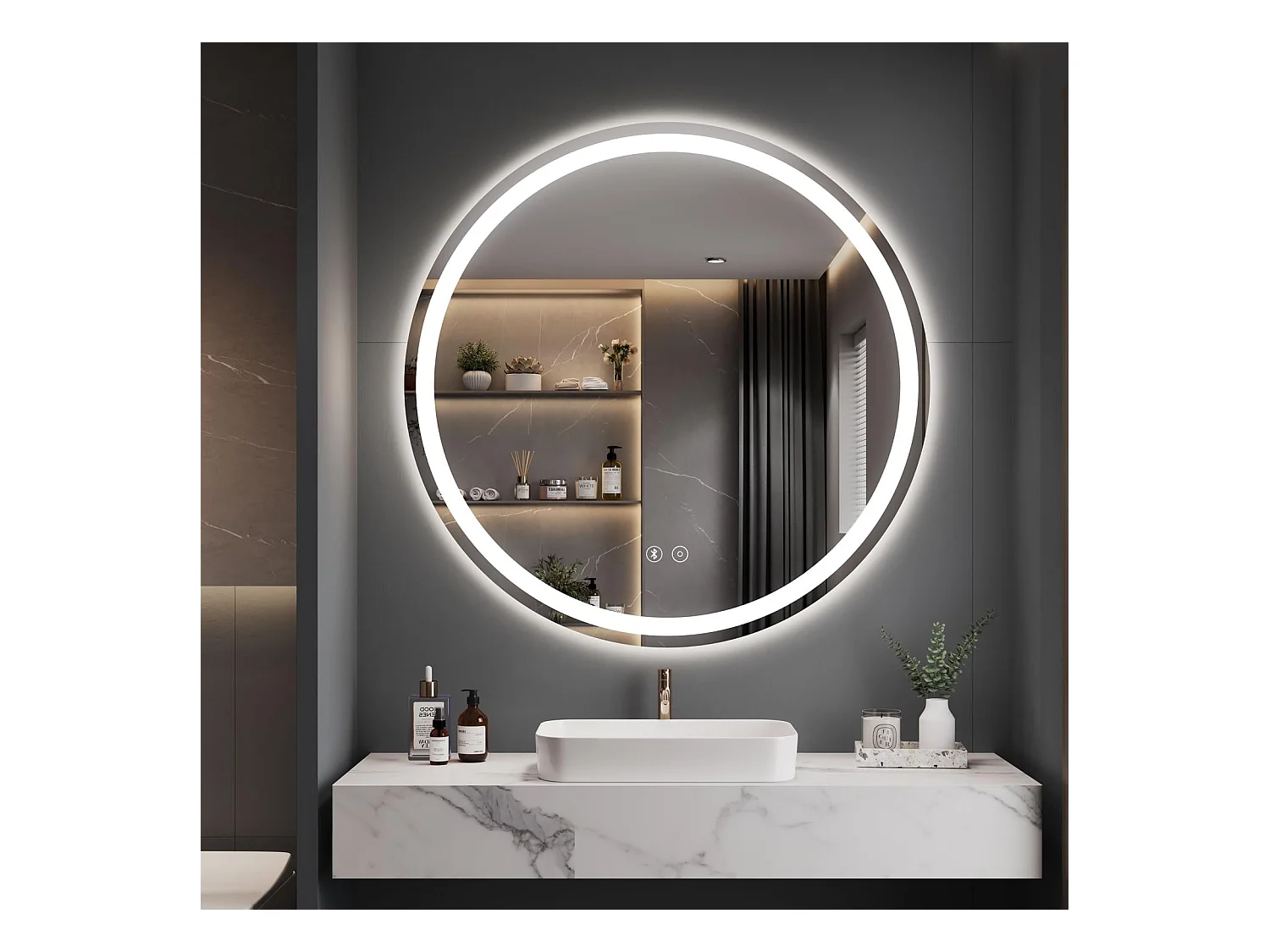 Miroir LED Rond Salle de Bain 60cm avec Anti-buée, Haut-Parleur Bluetooth, 3 Couleurs, Dimmable, Interrupteur Tactile