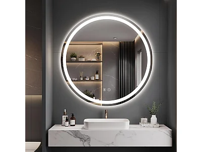 Miroir LED Rond Salle de Bain 60cm avec Anti-buée, Haut-Parleur Bluetooth, 3 Couleurs, Dimmable, Interrupteur Tactile