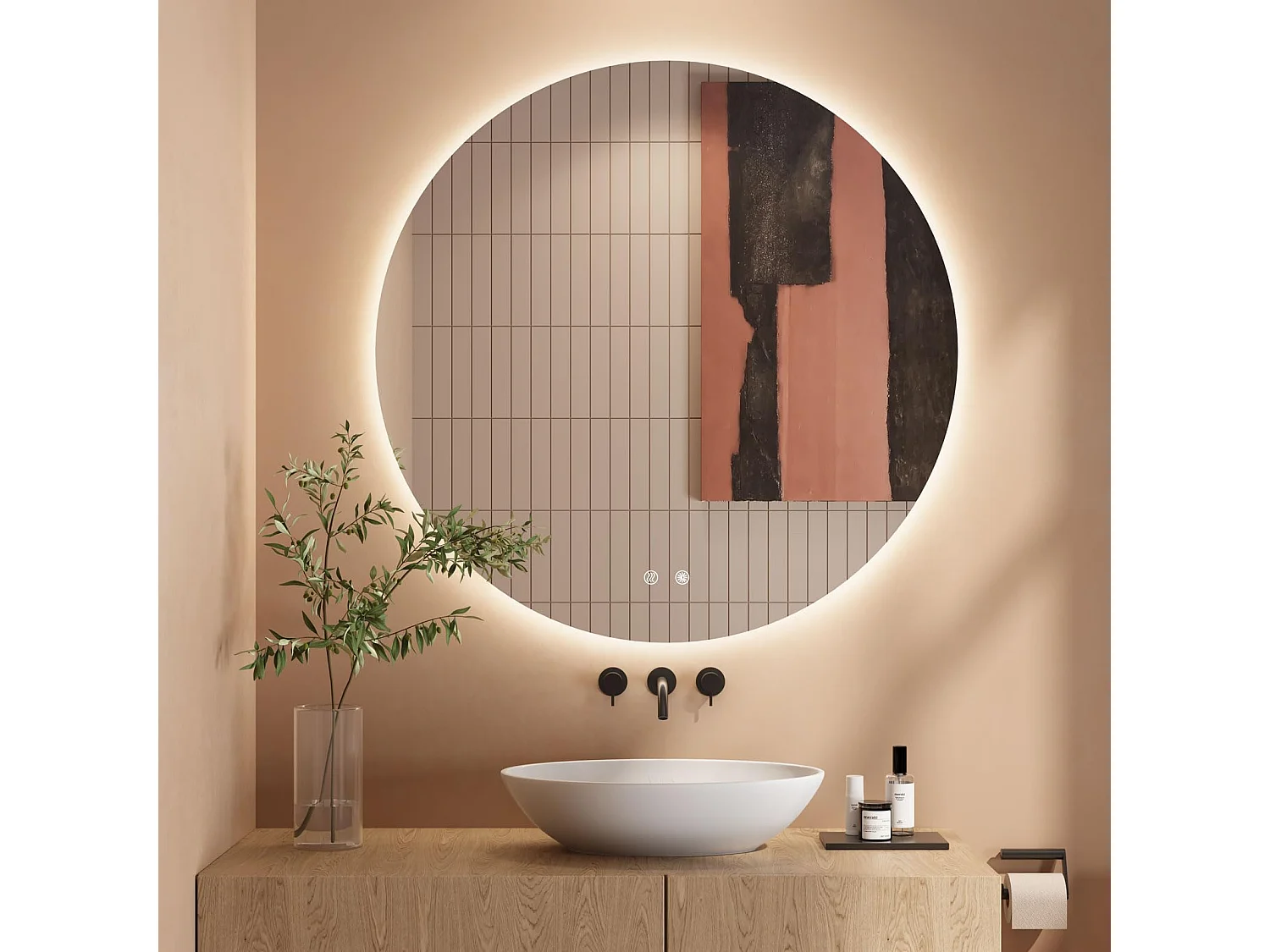 Specchio da bagno rotondo a LED da 70 cm, antiappannamento, 3 colori, dimmerabile, interruttore touch