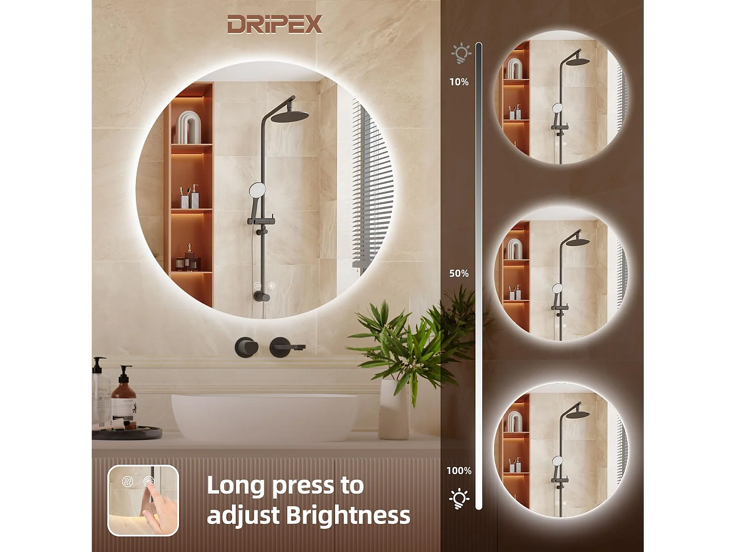 Specchio da bagno rotondo a LED da 70 cm, antiappannamento, 3 colori, dimmerabile, interruttore touch