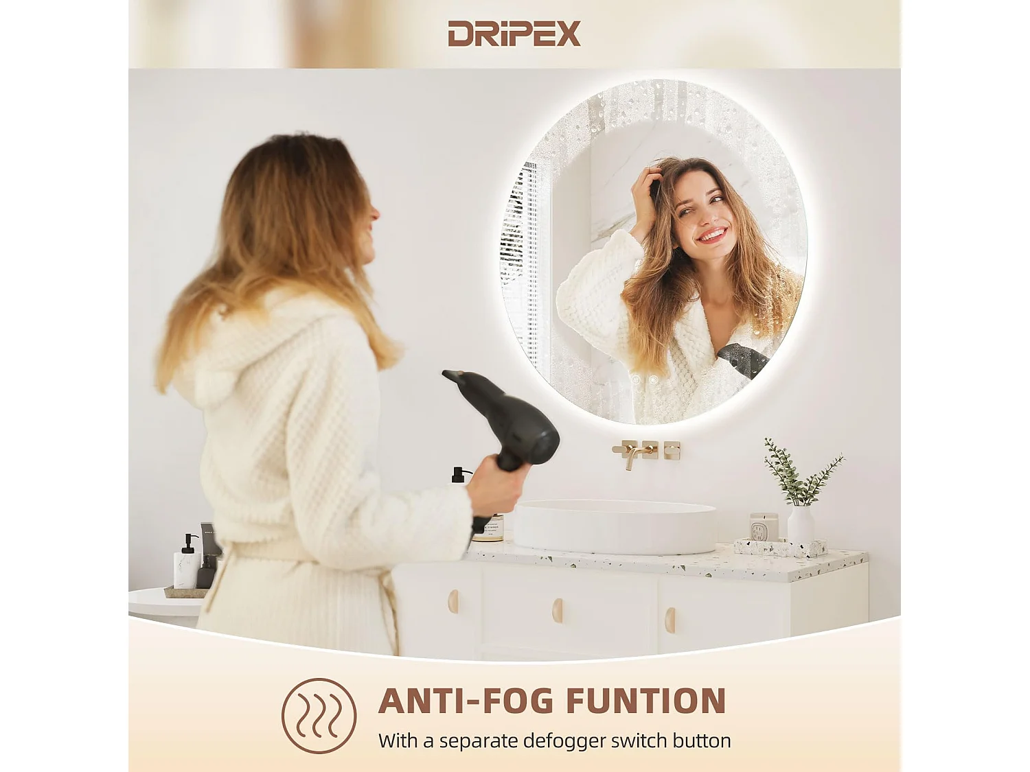 Specchio da bagno rotondo a LED da 70 cm, antiappannamento, 3 colori, dimmerabile, interruttore touch