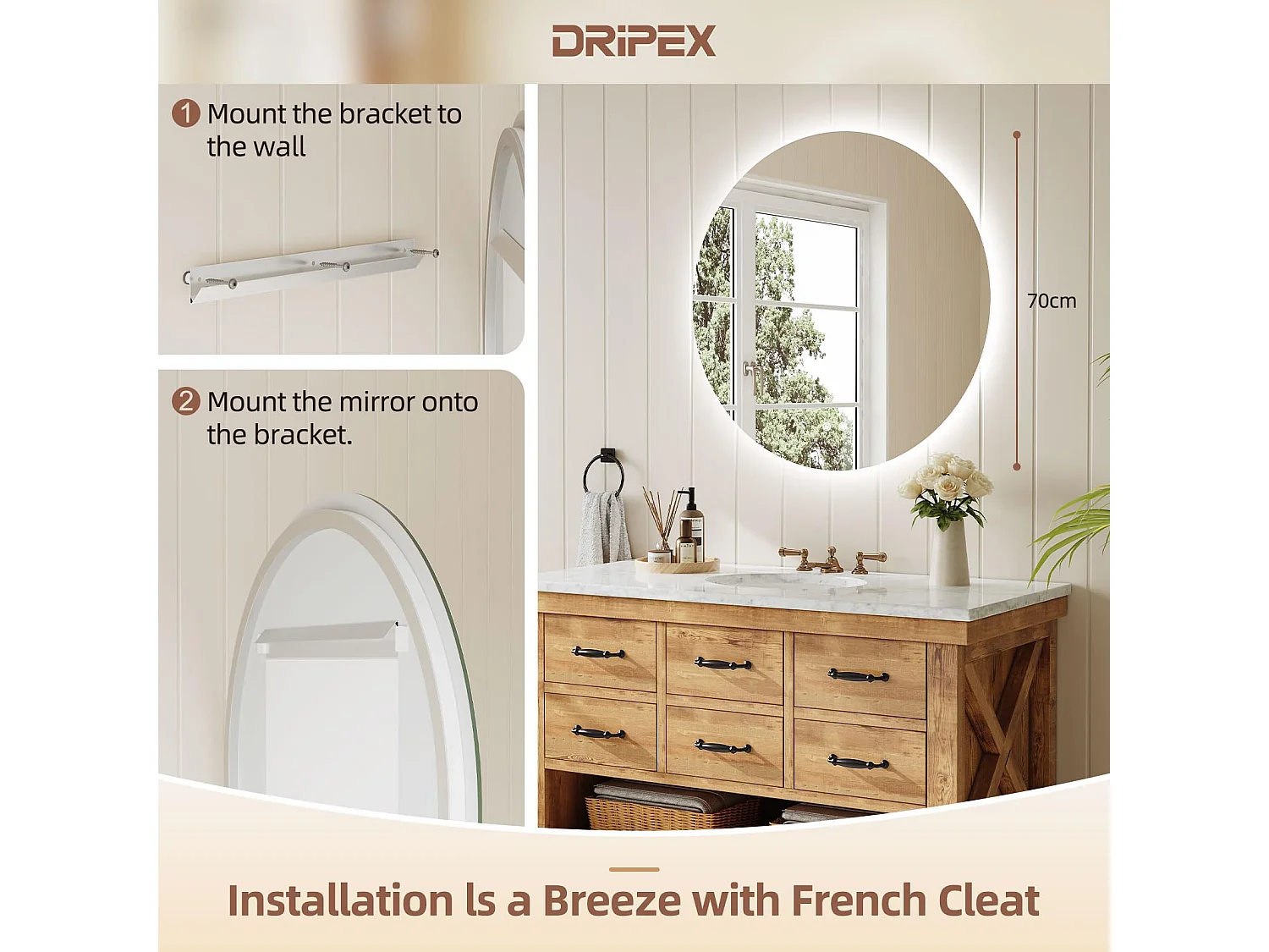 Specchio da bagno rotondo a LED da 70 cm, antiappannamento, 3 colori, dimmerabile, interruttore touch