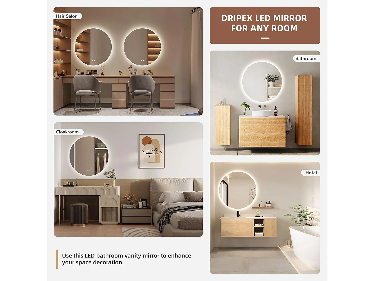 Specchio da bagno rotondo a LED da 70 cm, antiappannamento, 3 colori, dimmerabile, interruttore touch