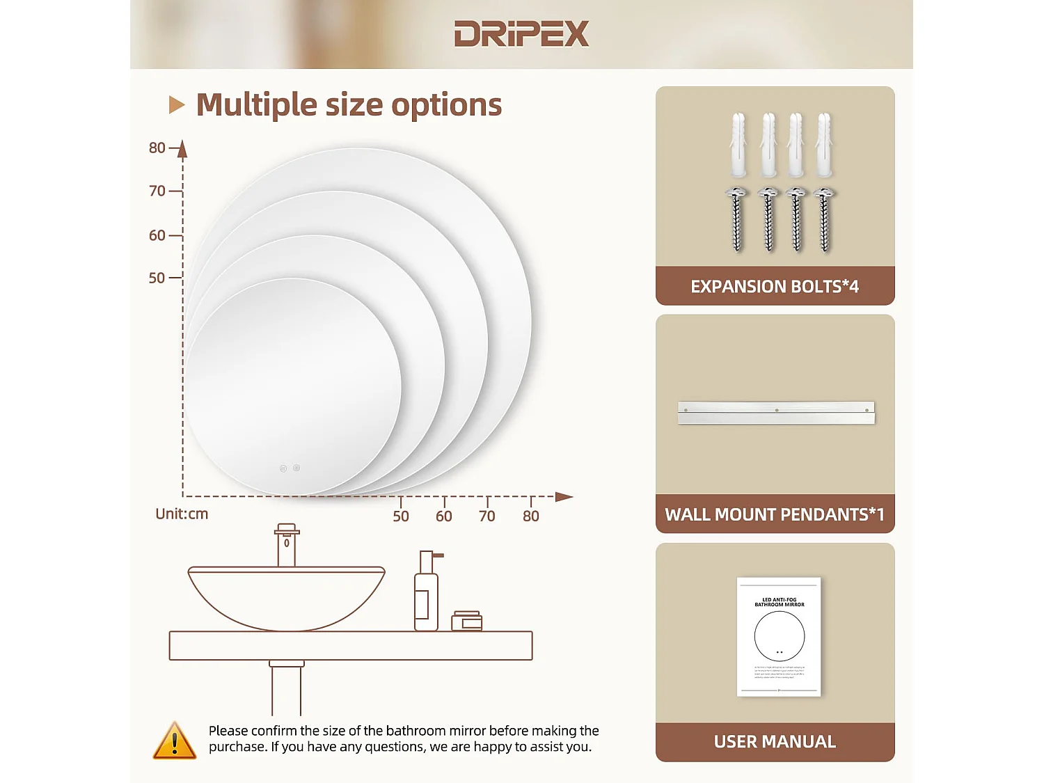 Specchio da bagno rotondo a LED da 70 cm, antiappannamento, 3 colori, dimmerabile, interruttore touch