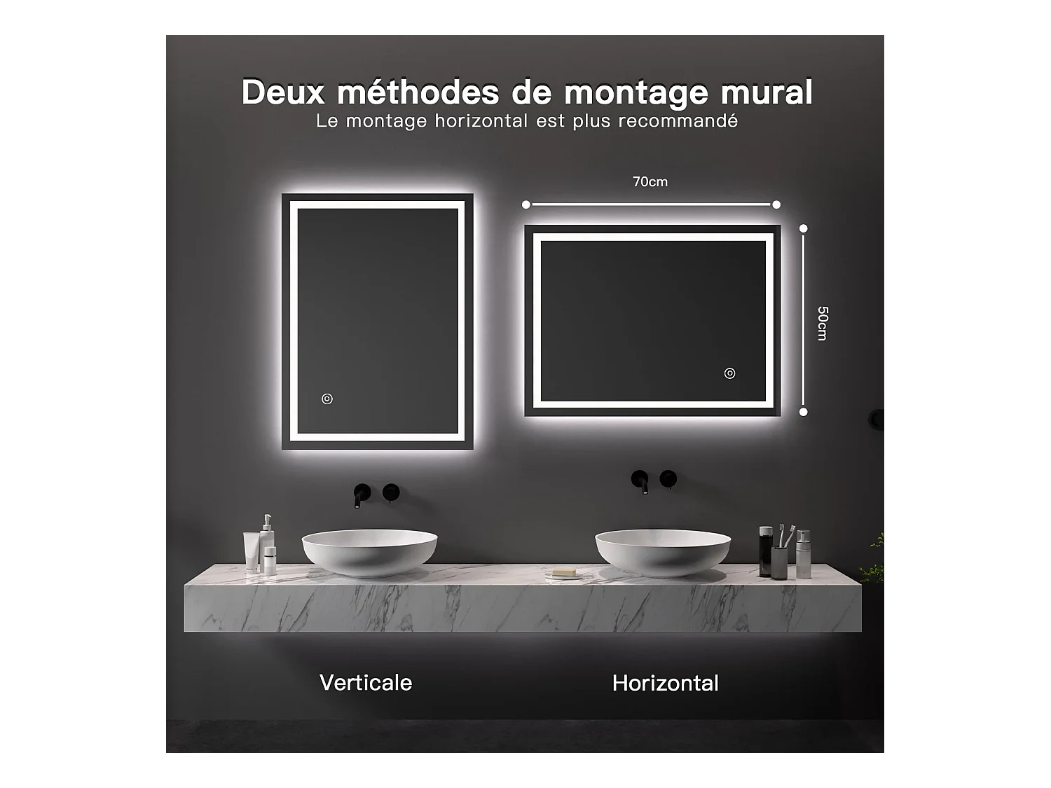 Specchio da bagno 50x70cm LED 20W, antiappannamento, risparmio energetico, bianco freddo 6400K, interruttore touch