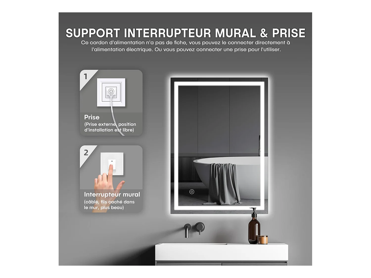 Specchio da bagno 50x70cm LED 20W, antiappannamento, risparmio energetico, bianco freddo 6400K, interruttore touch