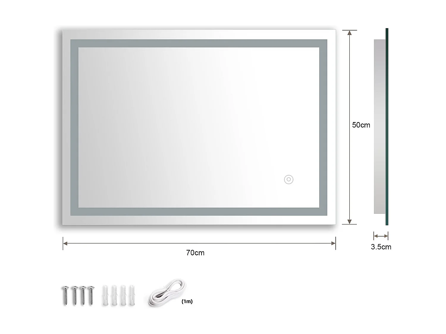 Specchio da bagno 50x70cm LED 20W, antiappannamento, risparmio energetico, bianco freddo 6400K, interruttore touch