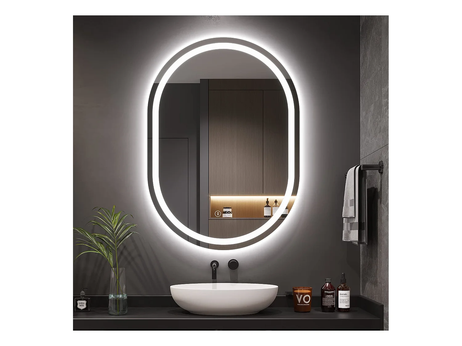 Miroir Salle de Bain 50x70cm Ovale LED, Anti-Buée, Dimmable 3 Couleurs, Miroir de Maquillage Réglable avec Éclairage