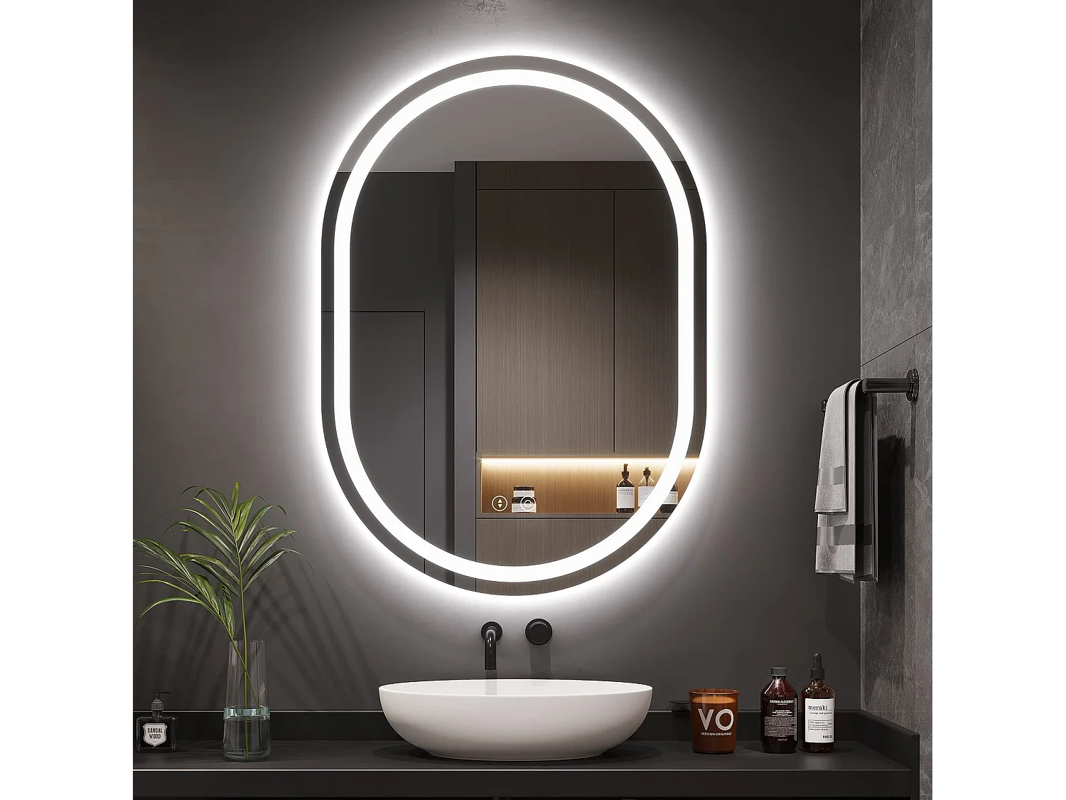 Miroir Salle de Bain 50x70cm Ovale LED, Anti-Buée, Dimmable 3 Couleurs, Miroir de Maquillage Réglable avec Éclairage