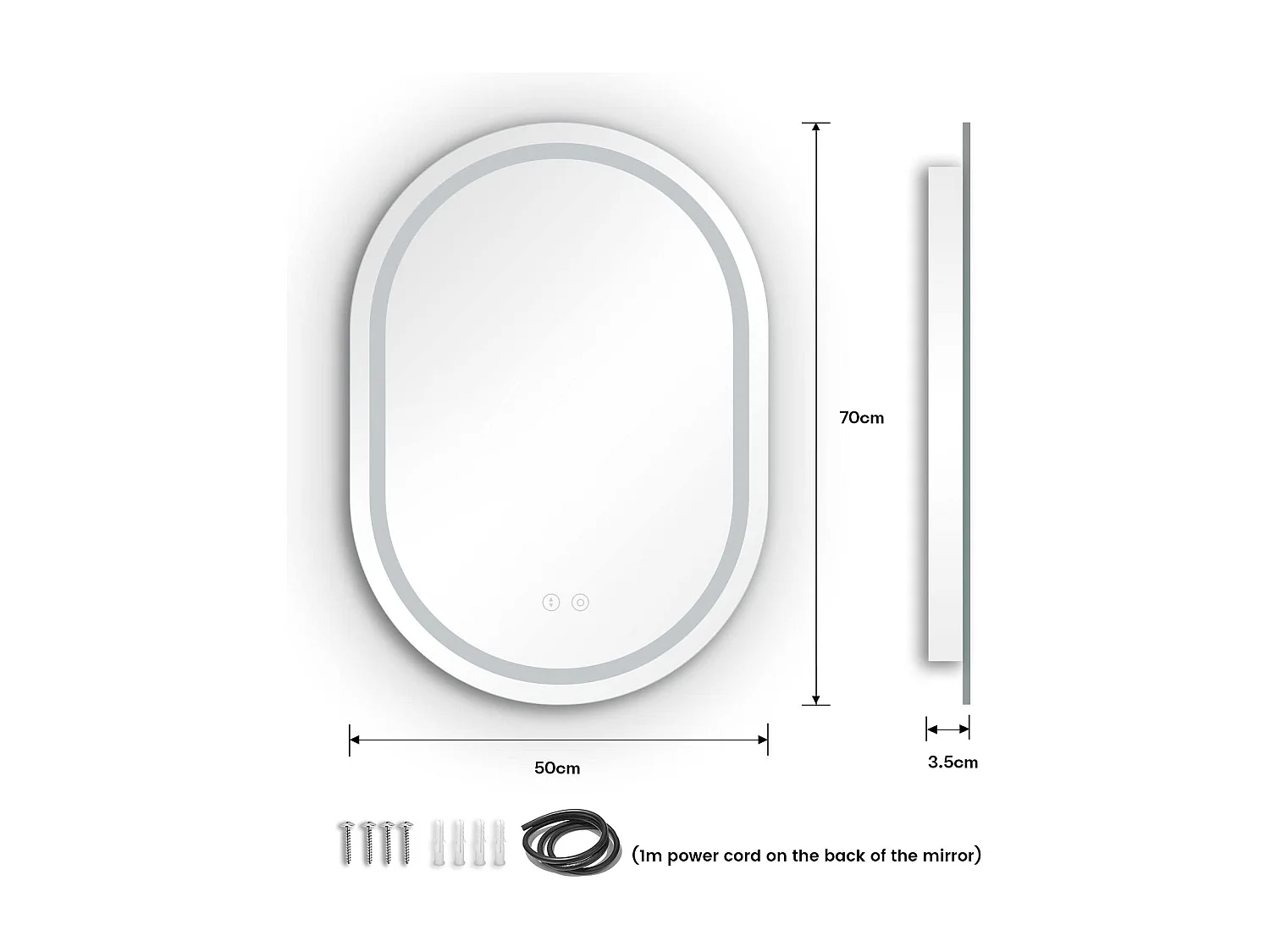 Miroir Salle de Bain 50x70cm Ovale LED, Anti-Buée, Dimmable 3 Couleurs, Miroir de Maquillage Réglable avec Éclairage