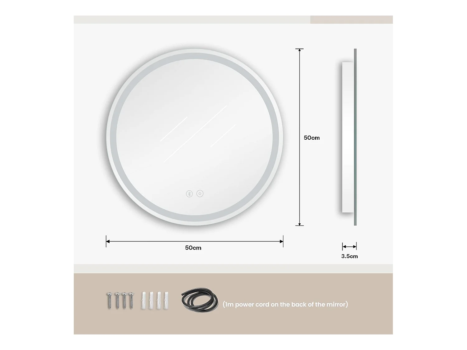 Miroir Salle de Bain 50cm LED Rond, Anti-buée, Bluetooth, 3 Couleurs, Dimmable, Interrupteur Tactile, Parfait pour Salle de Bain