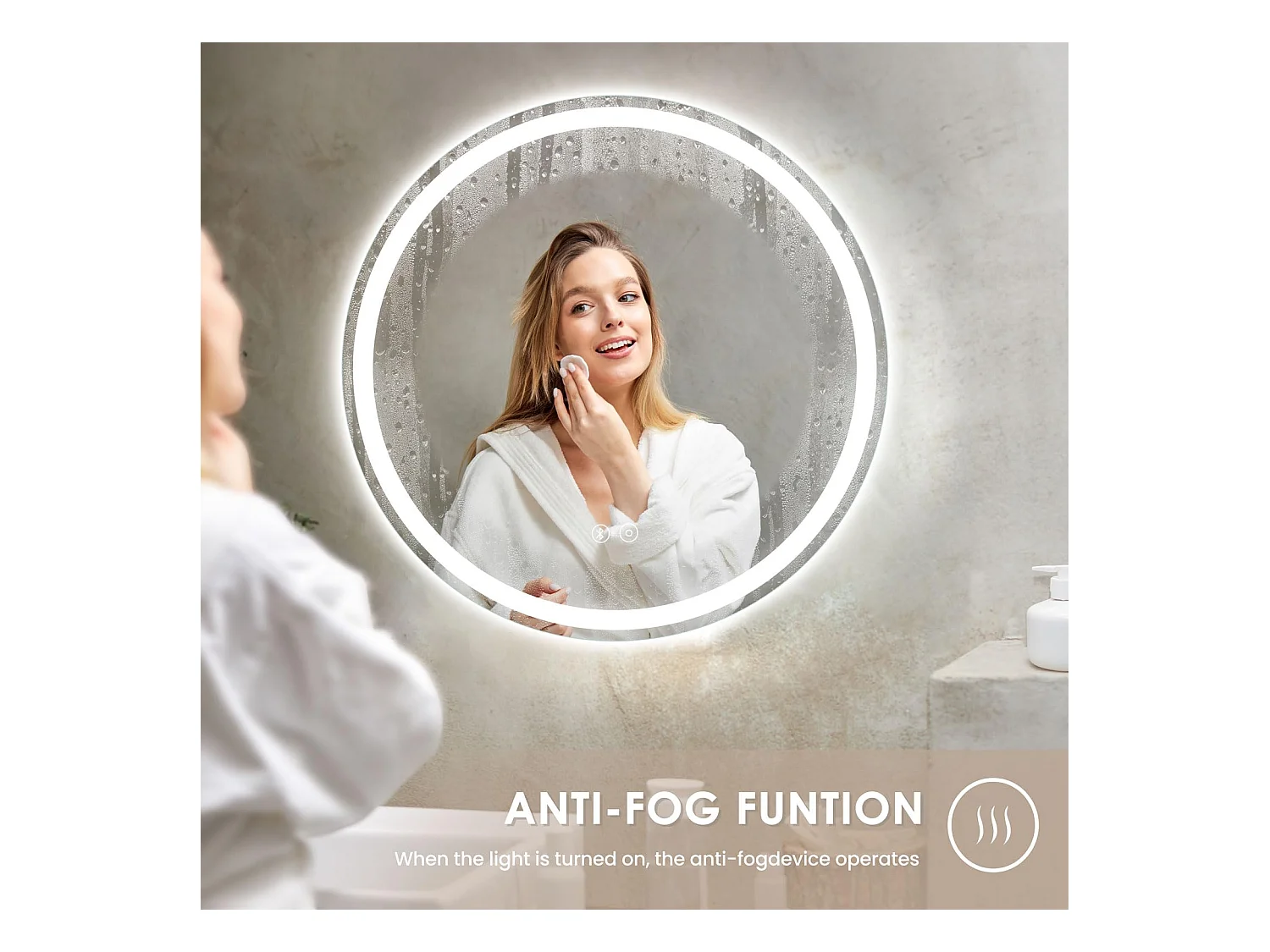 Miroir Salle de Bain 50cm LED Rond, Anti-buée, Bluetooth, 3 Couleurs, Dimmable, Interrupteur Tactile, Parfait pour Salle de Bain