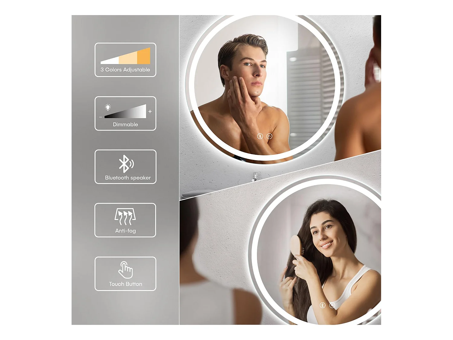 Miroir Salle de Bain 50cm LED Rond, Anti-buée, Bluetooth, 3 Couleurs, Dimmable, Interrupteur Tactile, Parfait pour Salle de Bain