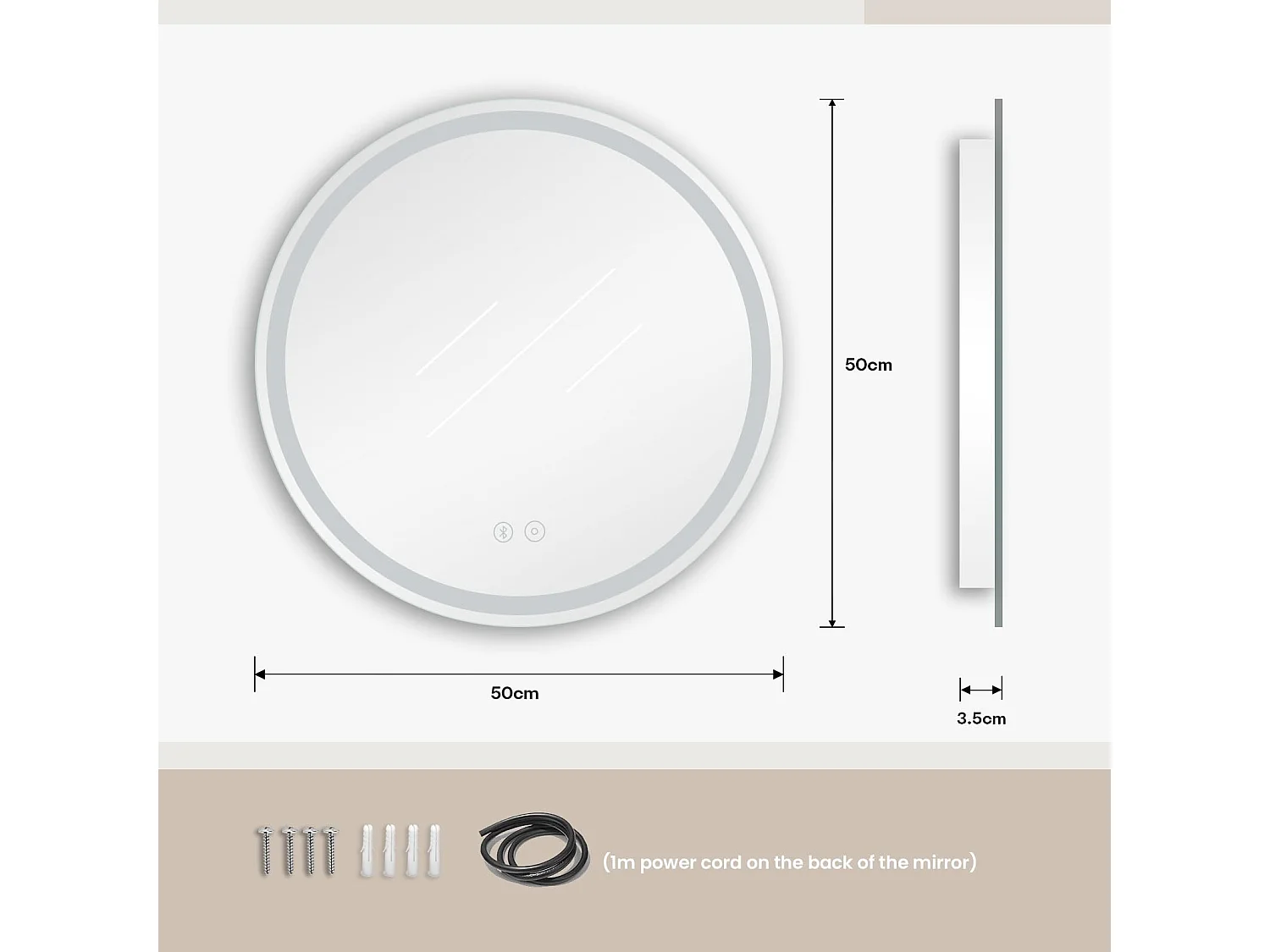 Specchio da bagno rotondo LED da 50 cm, antiappannamento, Bluetooth, 3 colori, dimmerabile, interruttore touch, perfetto per il bagno