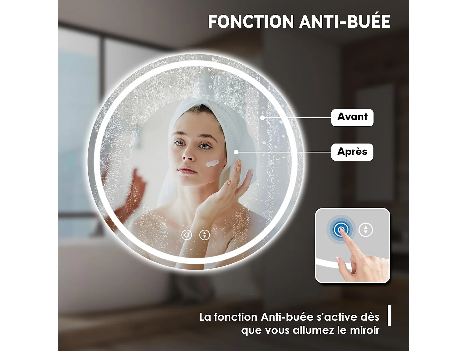 Miroir Salle de Bain LED Rond 60cm, Anti-buée, 3 Couleurs Dimmable, Mémoire, Verre Trempé HD, Capteur Tactile, IP44