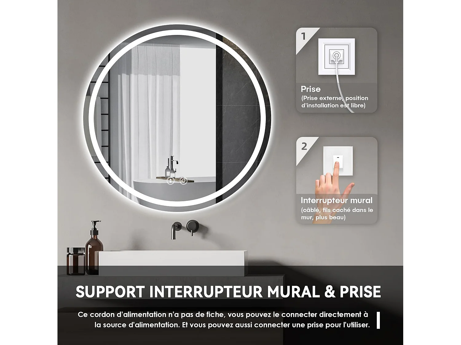 Miroir Salle de Bain LED Rond 60cm, Anti-buée, 3 Couleurs Dimmable, Mémoire, Verre Trempé HD, Capteur Tactile, IP44