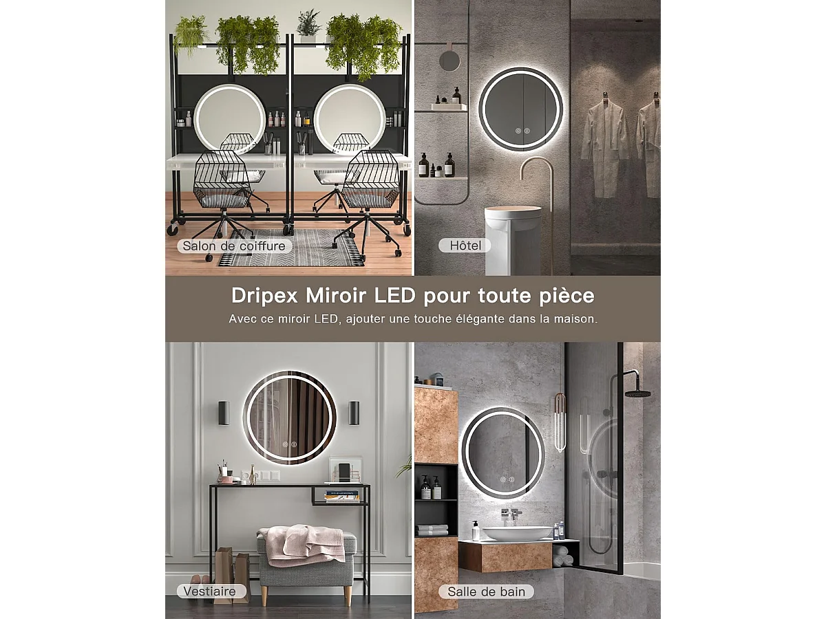 Miroir Salle de Bain LED Rond 60cm, Anti-buée, 3 Couleurs Dimmable, Mémoire, Verre Trempé HD, Capteur Tactile, IP44