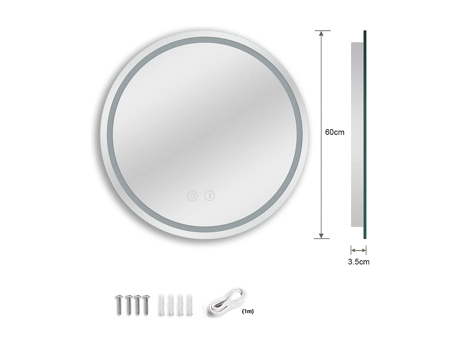 Miroir Salle de Bain LED Rond 60cm, Anti-buée, 3 Couleurs Dimmable, Mémoire, Verre Trempé HD, Capteur Tactile, IP44