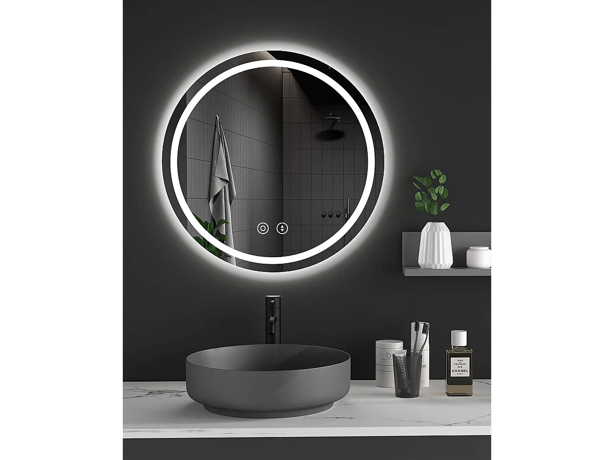 Miroir Salle de Bain LED Rond 60cm, Anti-buée, 3 Couleurs Dimmable, Mémoire, Verre Trempé HD, Capteur Tactile, IP44