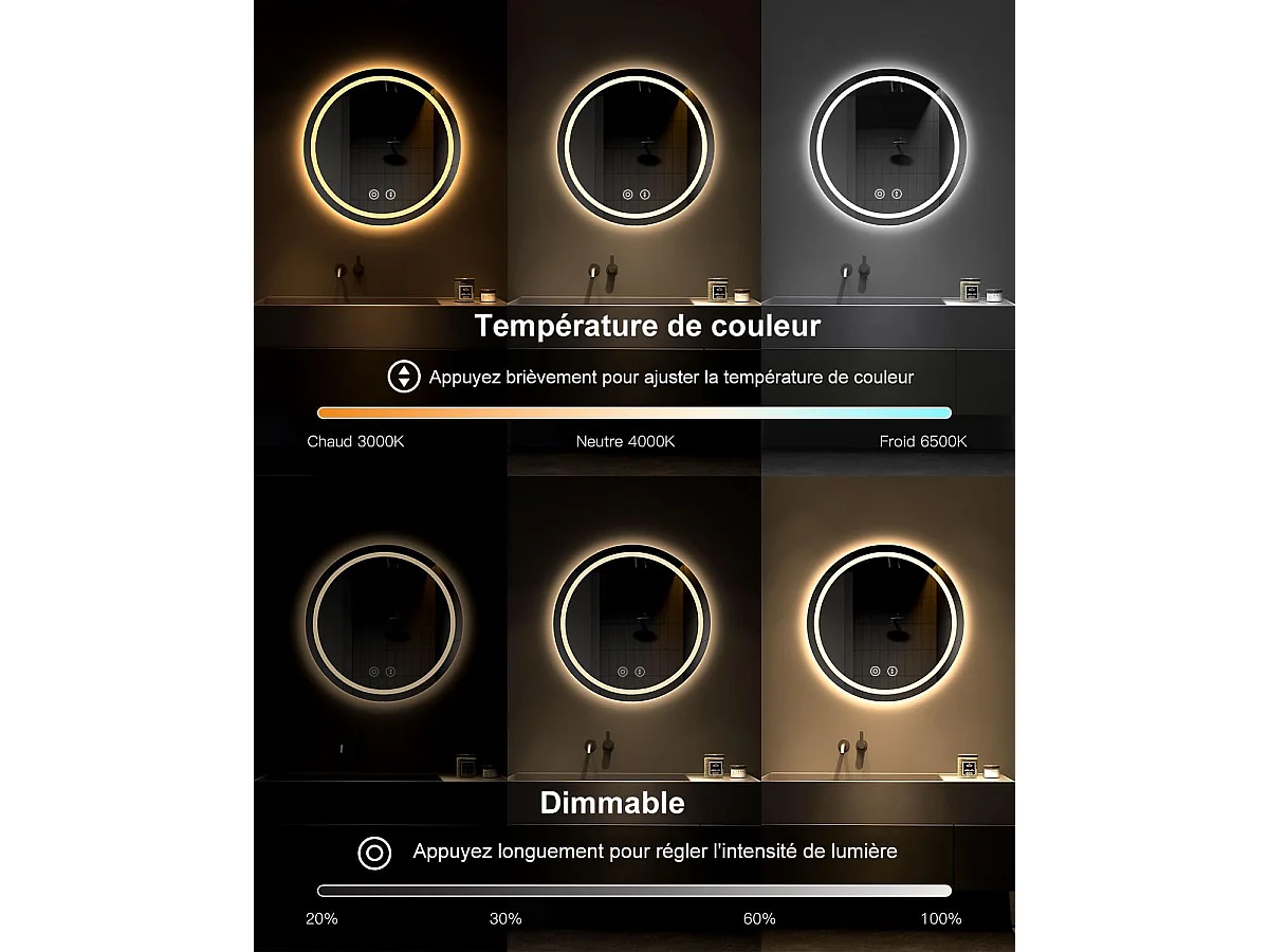 Miroir Salle de Bain LED Rond 60cm, Anti-buée, 3 Couleurs Dimmable, Mémoire, Verre Trempé HD, Capteur Tactile, IP44