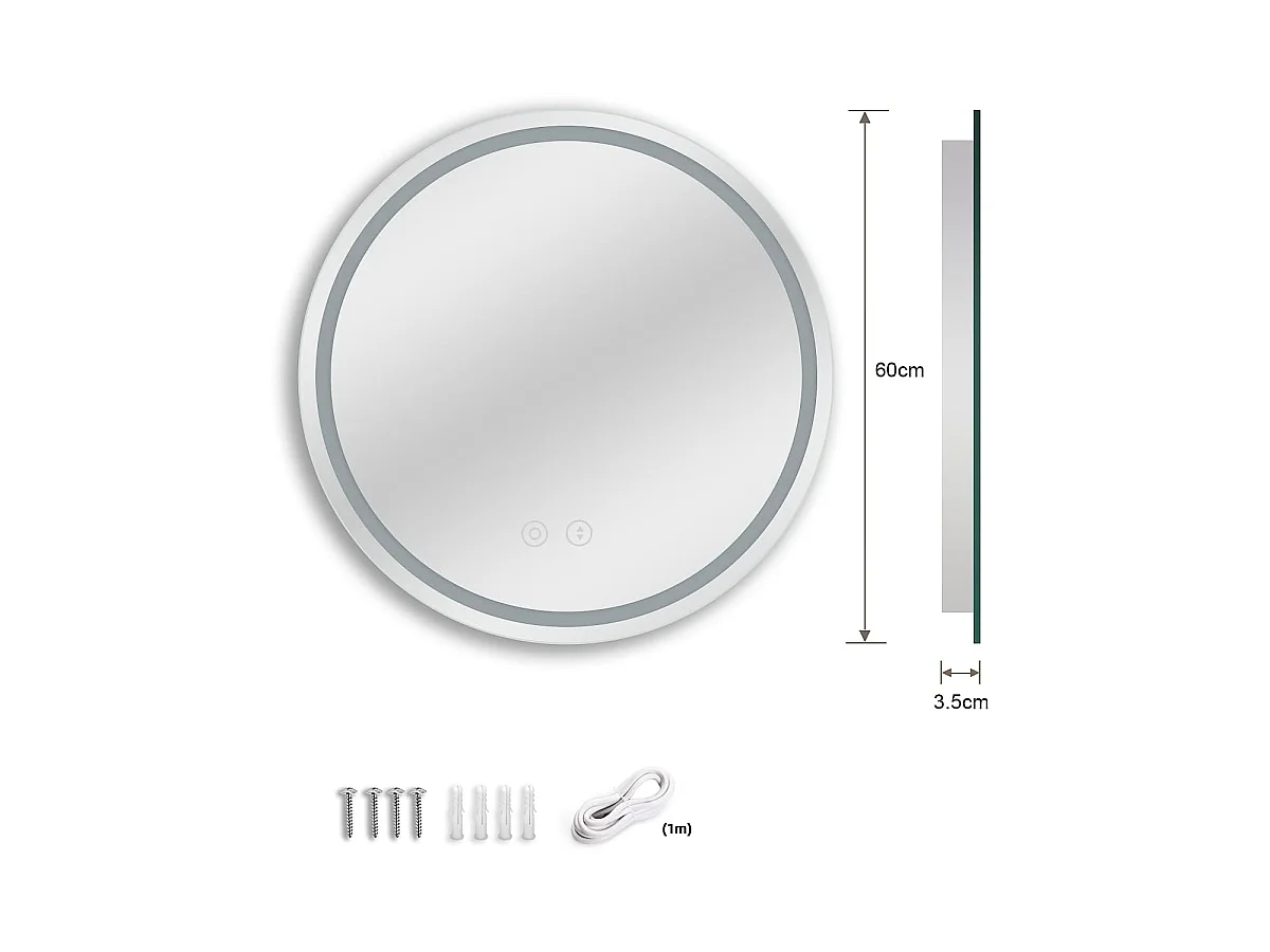 Miroir Salle de Bain LED Rond 60cm, Anti-buée, 3 Couleurs Dimmable, Mémoire, Verre Trempé HD, Capteur Tactile, IP44