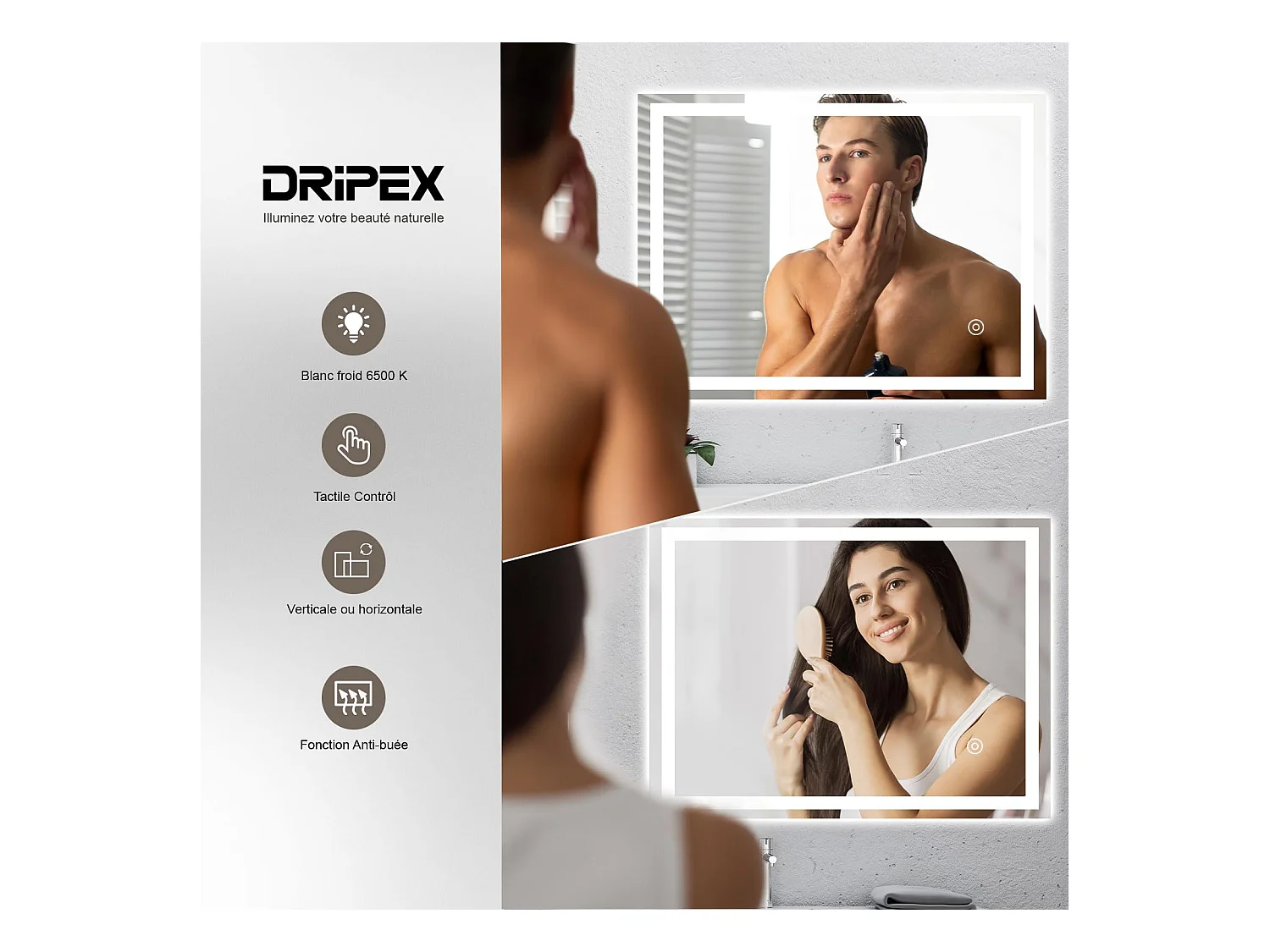 Specchio da bagno 60x80cm LED, antiappannamento, 20W, interruttore touch, antideflagrante, memoria, impermeabile IP44