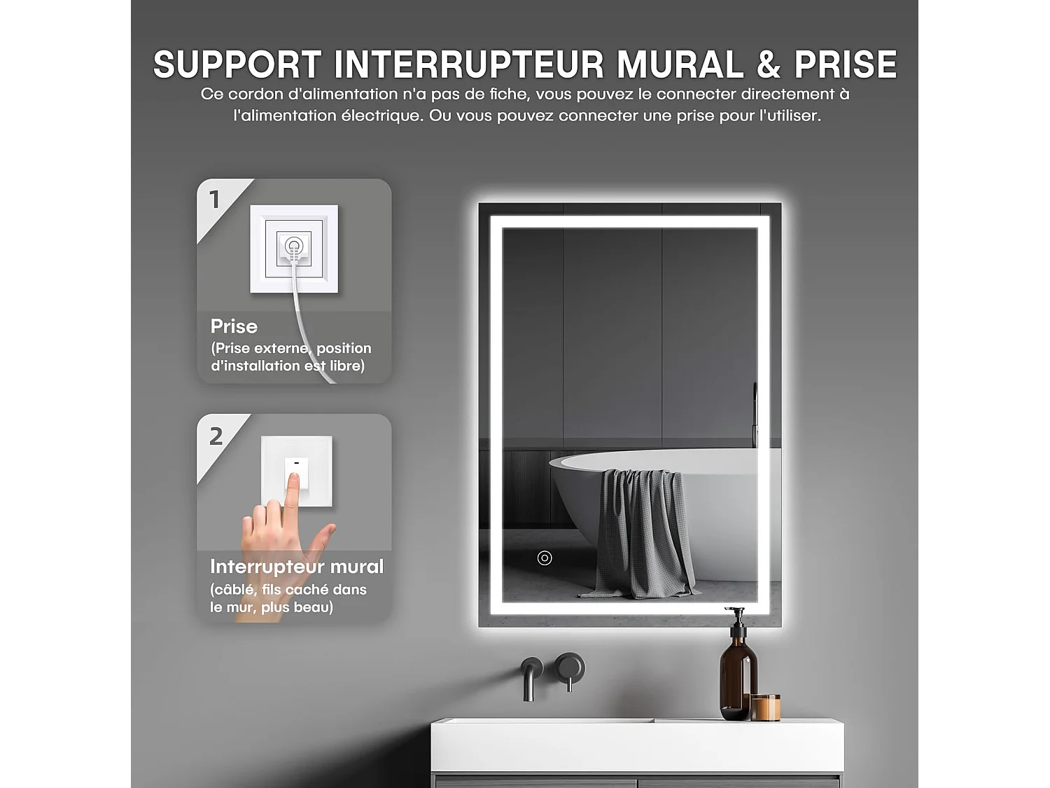 Miroir Salle de Bain 60x80cm LED, Anti-buée, 20W, Interrupteur Tactile, Anti-déflagrant, Mémoire, IP44 Étanche