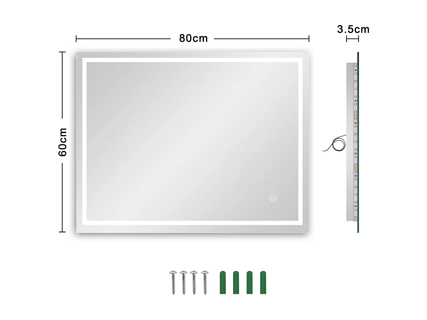 Miroir Salle de Bain 60x80cm LED, Anti-buée, 20W, Interrupteur Tactile, Anti-déflagrant, Mémoire, IP44 Étanche