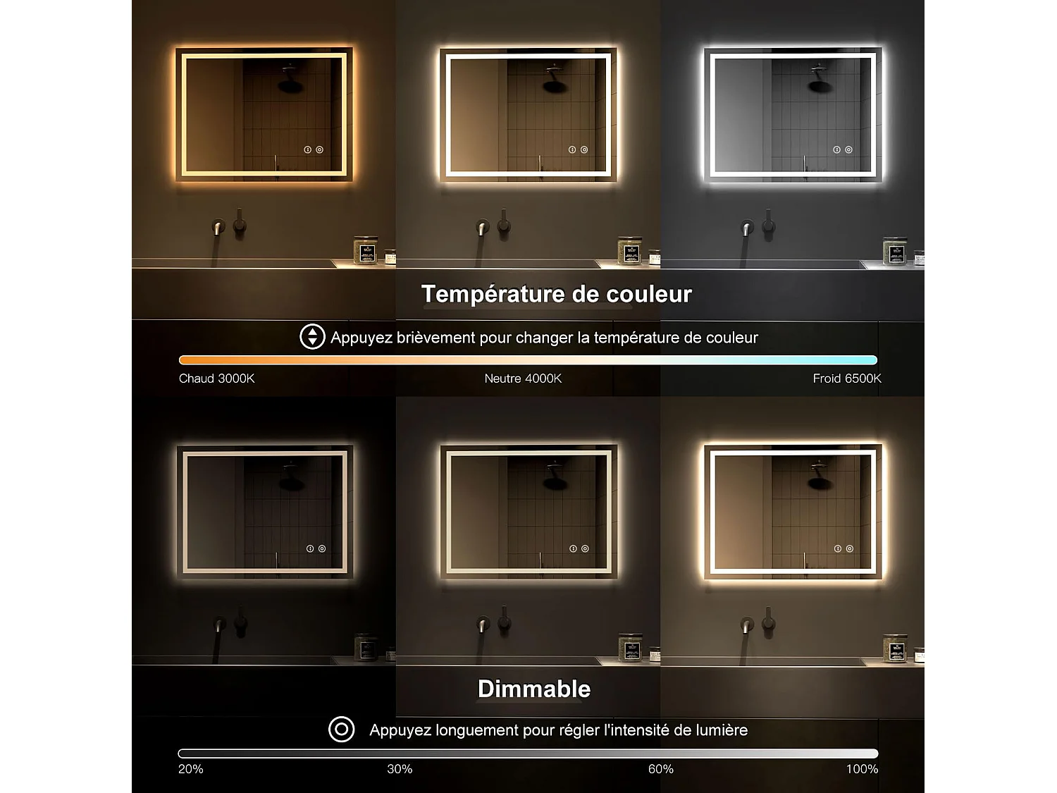 Miroir LED Salle de Bain 50x70cm, 30W, Anti-buée, 3 Couleurs Dimmables, Interrupteur Tactile, Antidéflagrant, Installation Verticale/Horizontale