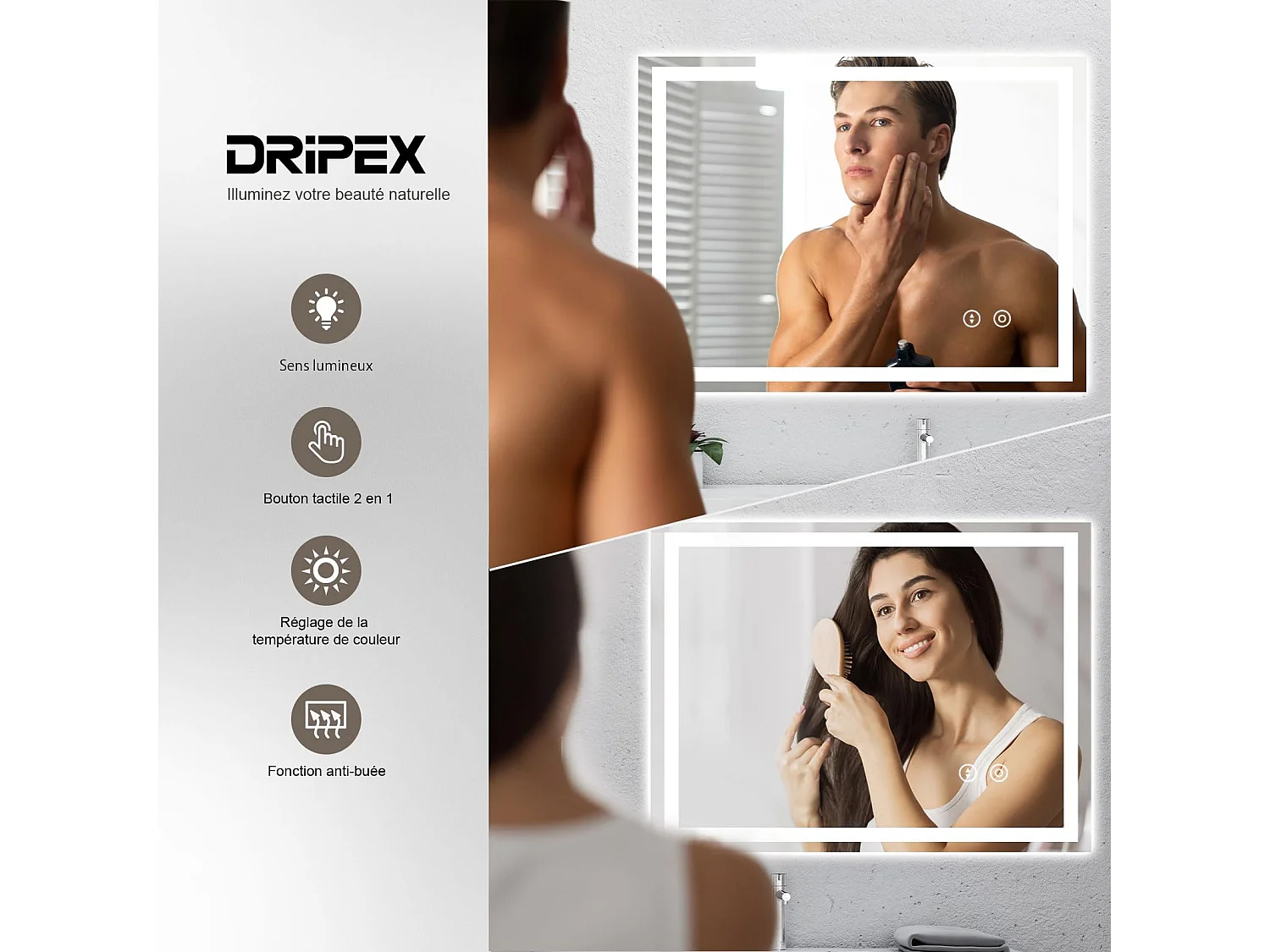 Miroir LED Salle de Bain 50x70cm, 30W, Anti-buée, 3 Couleurs Dimmables, Interrupteur Tactile, Antidéflagrant, Installation Verticale/Horizontale