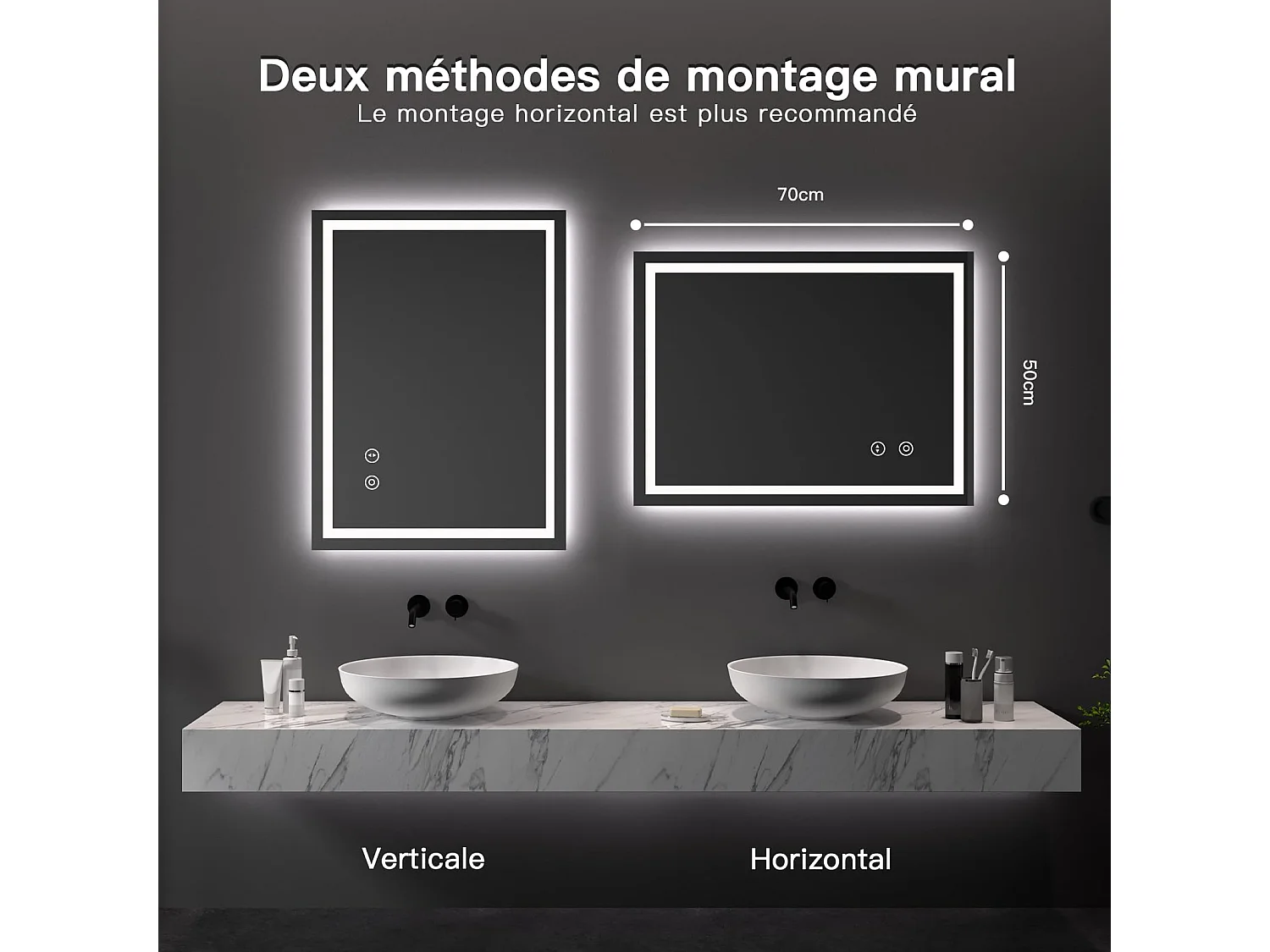 Miroir LED Salle de Bain 50x70cm, 30W, Anti-buée, 3 Couleurs Dimmables, Interrupteur Tactile, Antidéflagrant, Installation Verticale/Horizontale