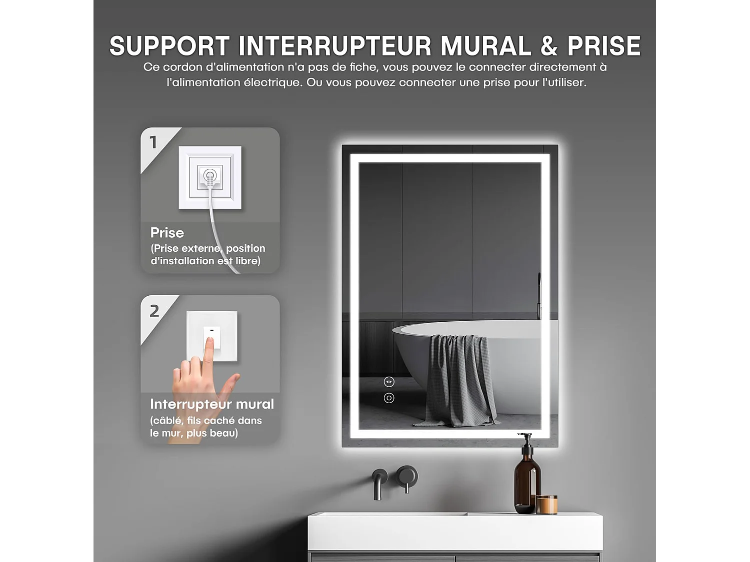 Miroir LED Salle de Bain 50x70cm, 30W, Anti-buée, 3 Couleurs Dimmables, Interrupteur Tactile, Antidéflagrant, Installation Verticale/Horizontale