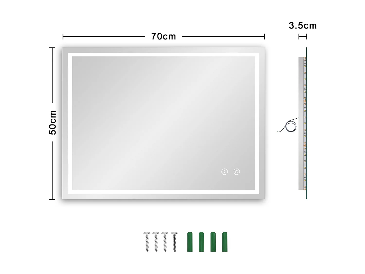 Miroir LED Salle de Bain 50x70cm, 30W, Anti-buée, 3 Couleurs Dimmables, Interrupteur Tactile, Antidéflagrant, Installation Verticale/Horizontale