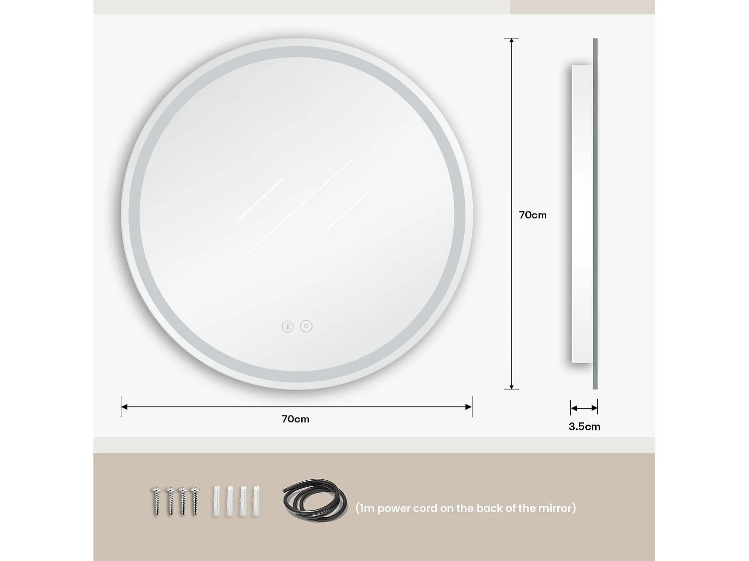 Miroir salle de bain rond 70cm LED, anti-buée, haut-parleur Bluetooth, 3 couleurs, dimmable, interrupteur tactile