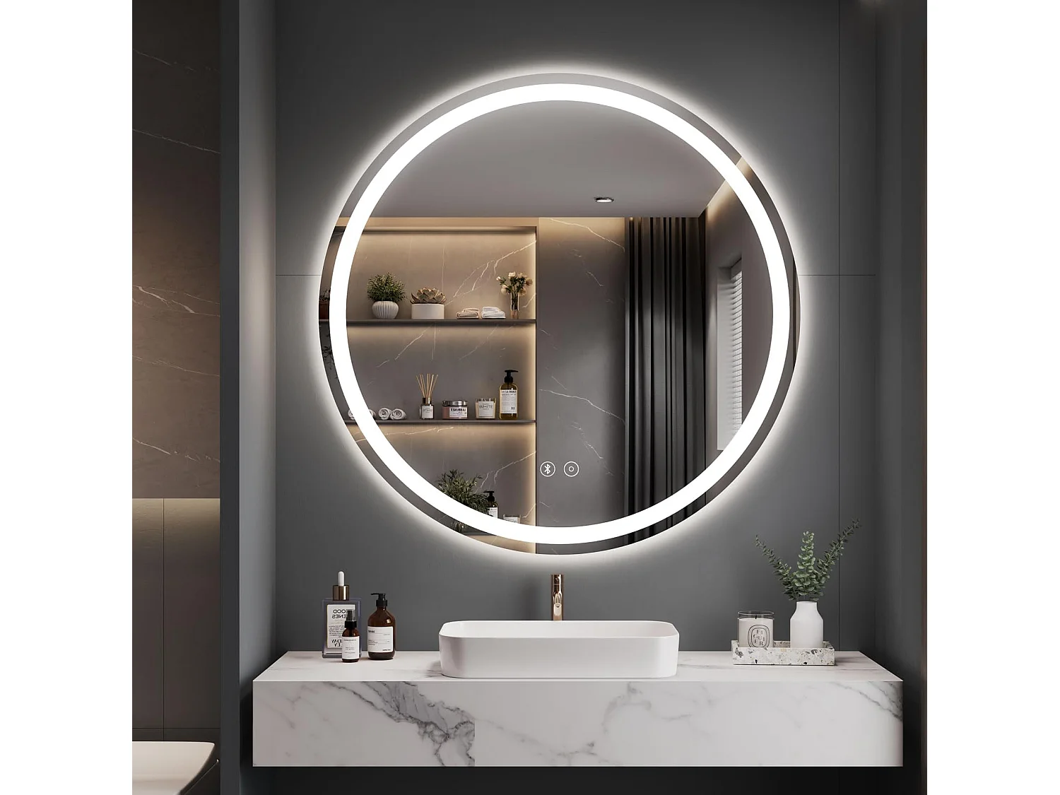 Miroir salle de bain rond 70cm LED, anti-buée, haut-parleur Bluetooth, 3 couleurs, dimmable, interrupteur tactile