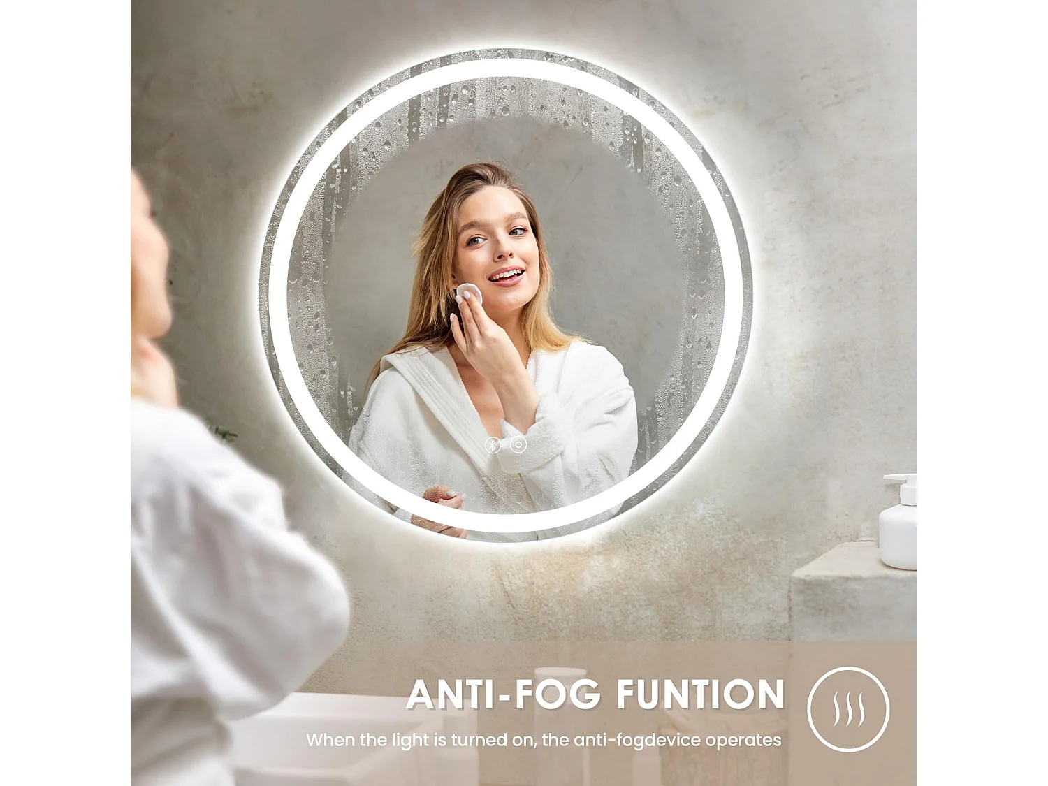 Miroir salle de bain rond 70cm LED, anti-buée, haut-parleur Bluetooth, 3 couleurs, dimmable, interrupteur tactile