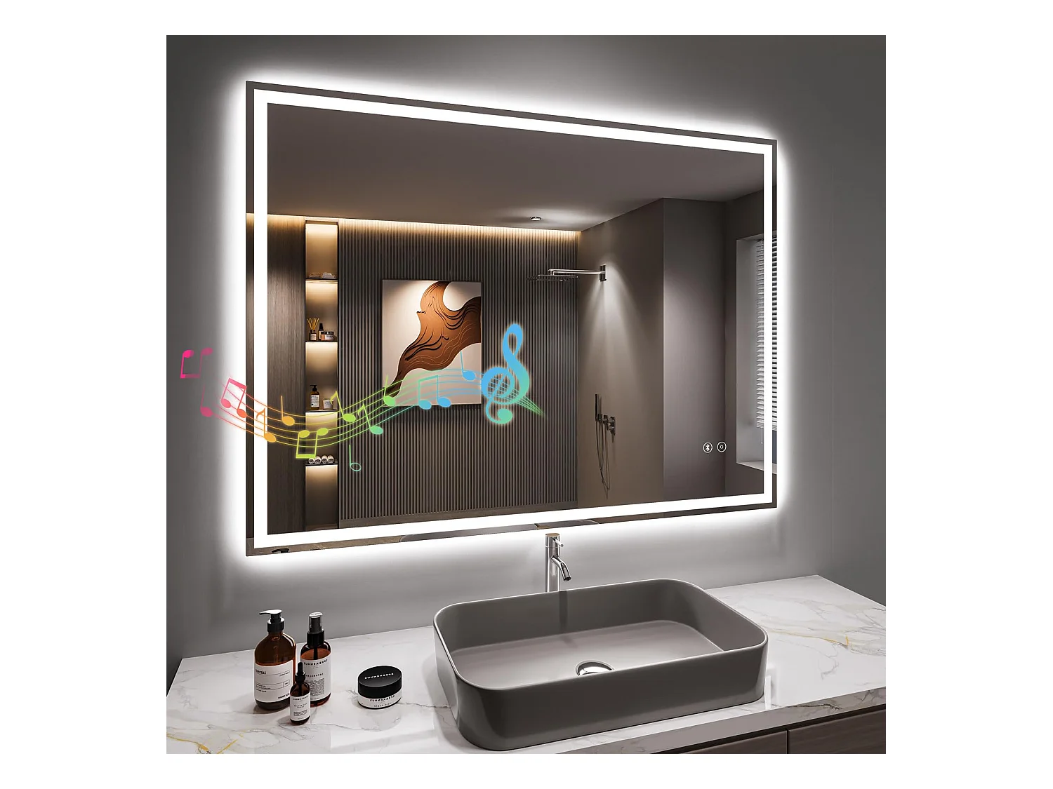 Specchio da bagno a LED 60x80cm Bluetooth, antiappannamento, 3 colori, dimmerabile, presa per rasoio, interruttore touch, memoria
