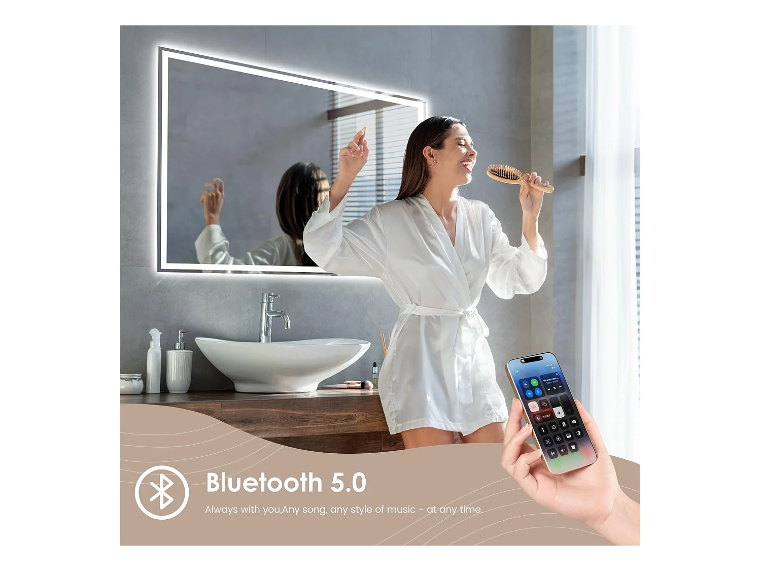 Specchio da bagno a LED 60x80cm Bluetooth, antiappannamento, 3 colori, dimmerabile, presa per rasoio, interruttore touch, memoria