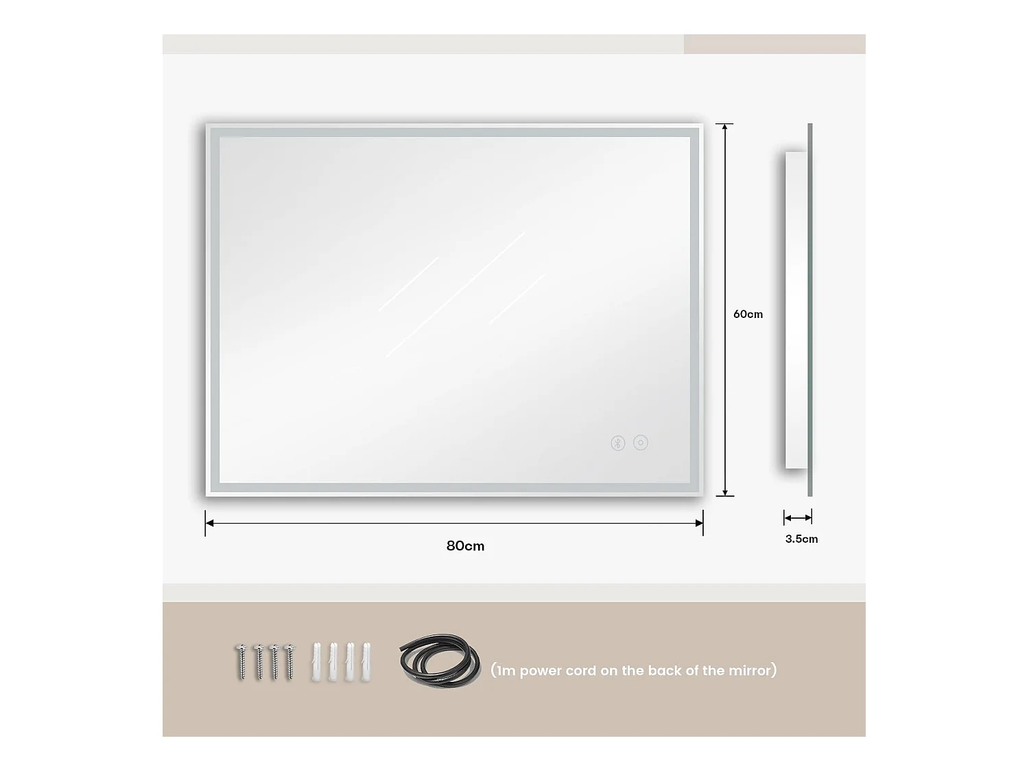 Specchio da bagno a LED 60x80cm Bluetooth, antiappannamento, 3 colori, dimmerabile, presa per rasoio, interruttore touch, memoria