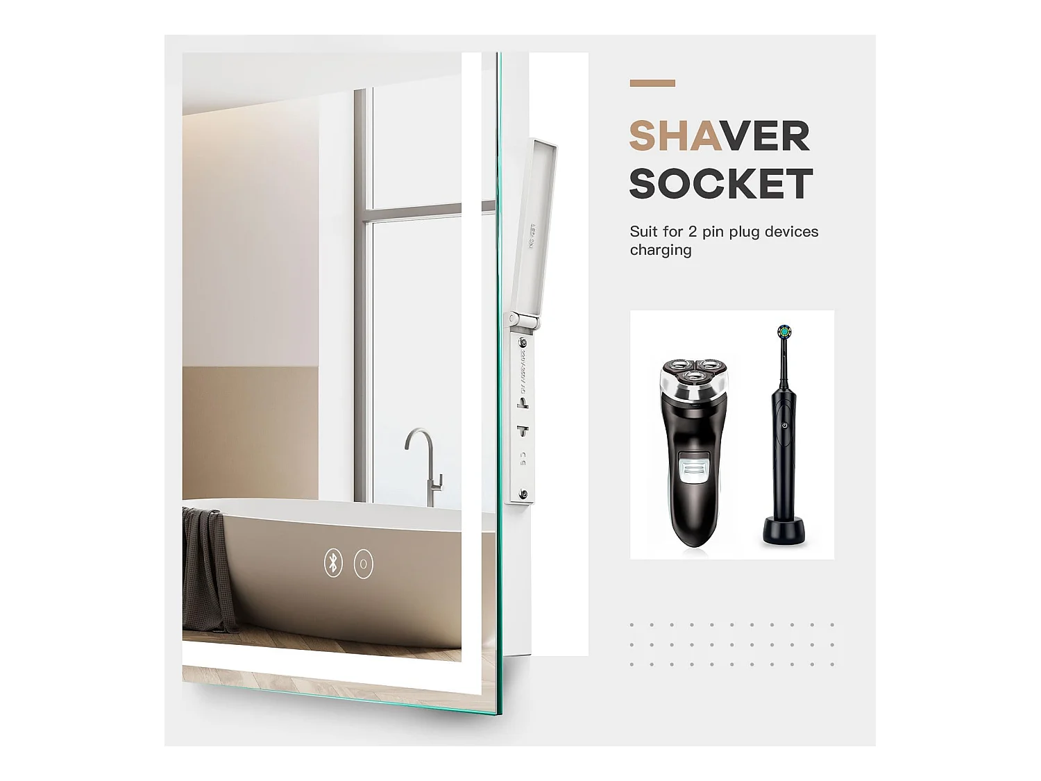 Specchio da bagno a LED 60x80cm Bluetooth, antiappannamento, 3 colori, dimmerabile, presa per rasoio, interruttore touch, memoria