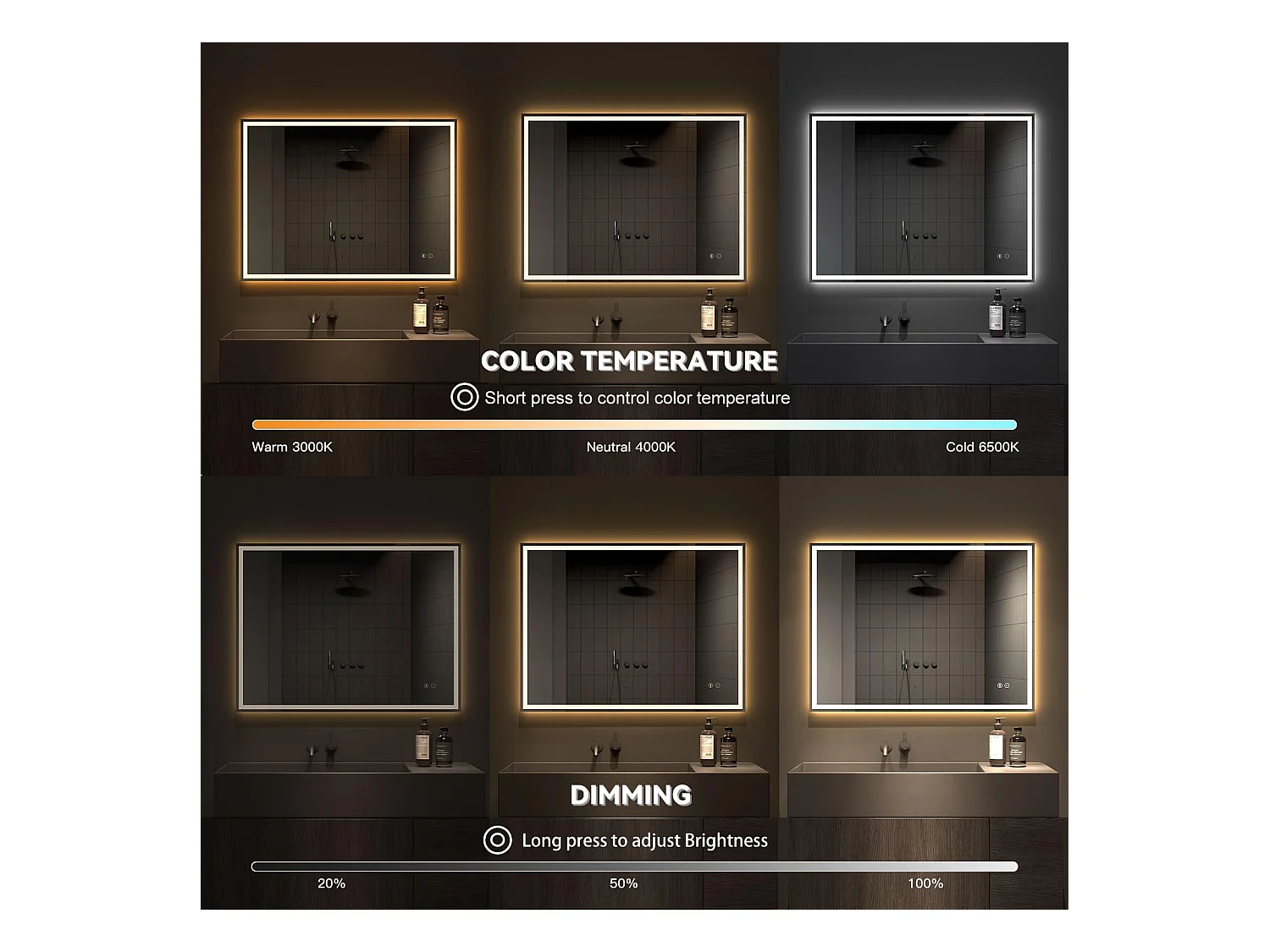 Specchio da bagno a LED 60x80cm Bluetooth, antiappannamento, 3 colori, dimmerabile, presa per rasoio, interruttore touch, memoria