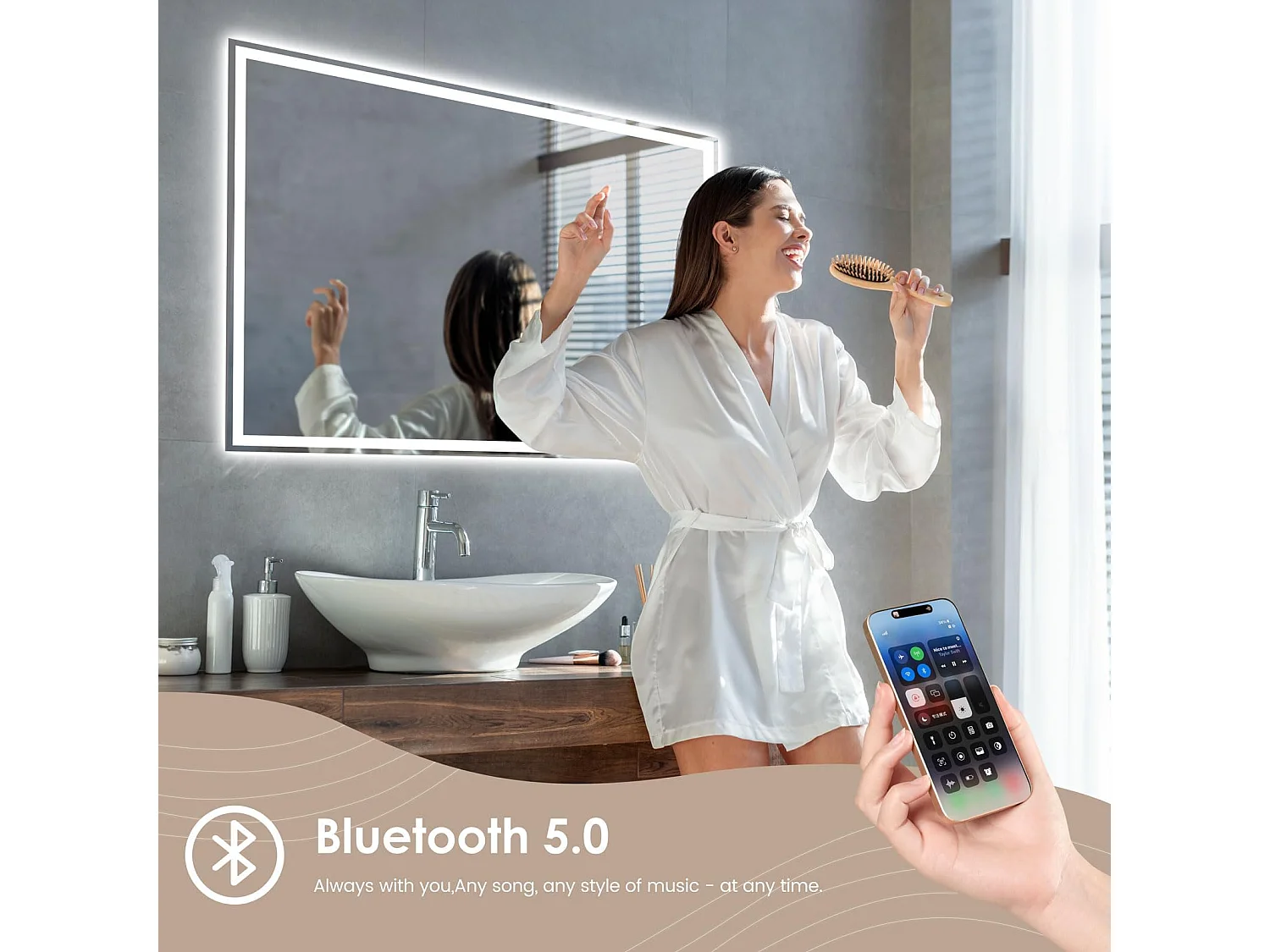 Specchio da bagno a LED 60x80cm Bluetooth, antiappannamento, 3 colori, dimmerabile, presa per rasoio, interruttore touch, memoria