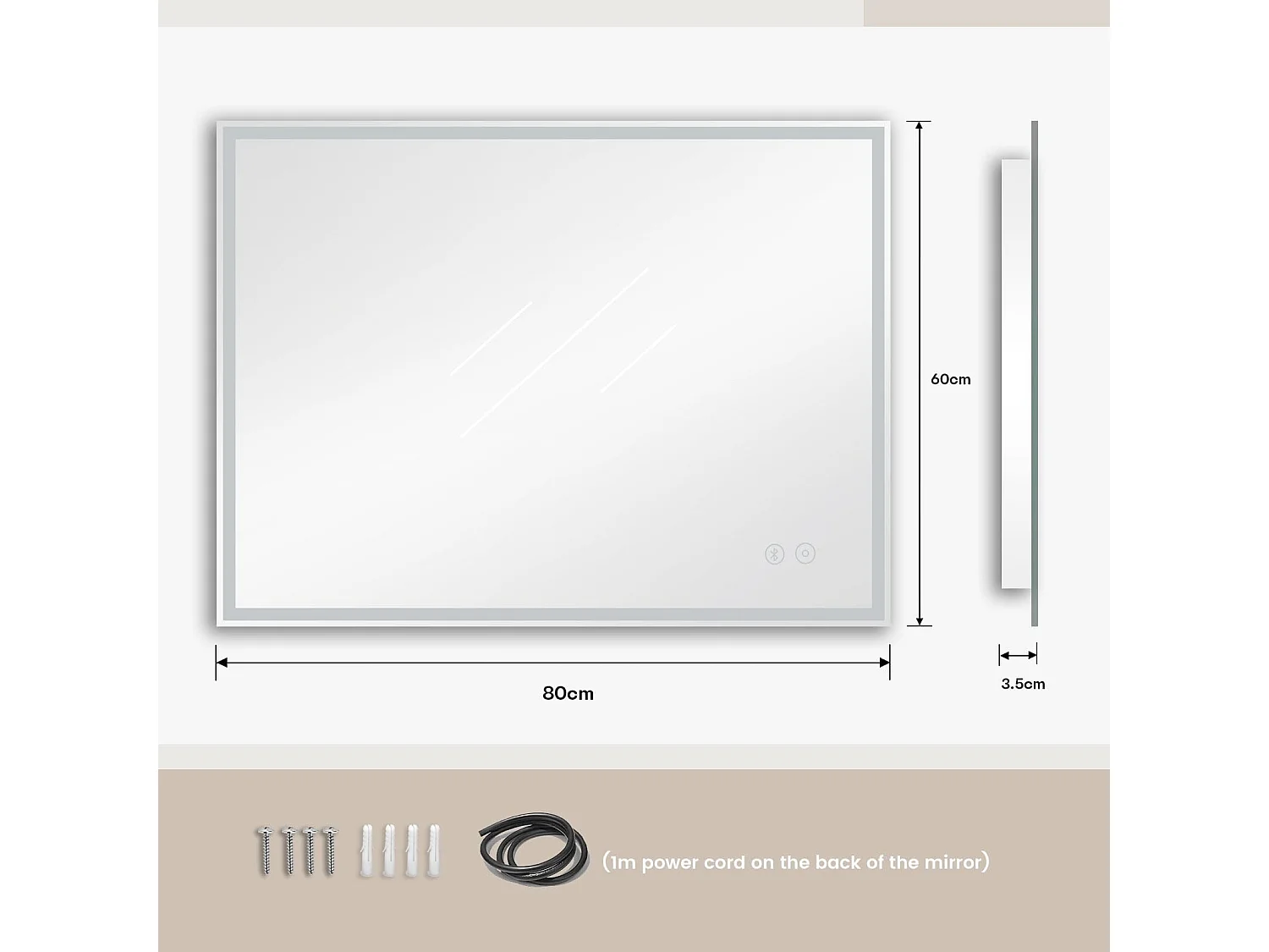 Specchio da bagno a LED 60x80cm Bluetooth, antiappannamento, 3 colori, dimmerabile, presa per rasoio, interruttore touch, memoria