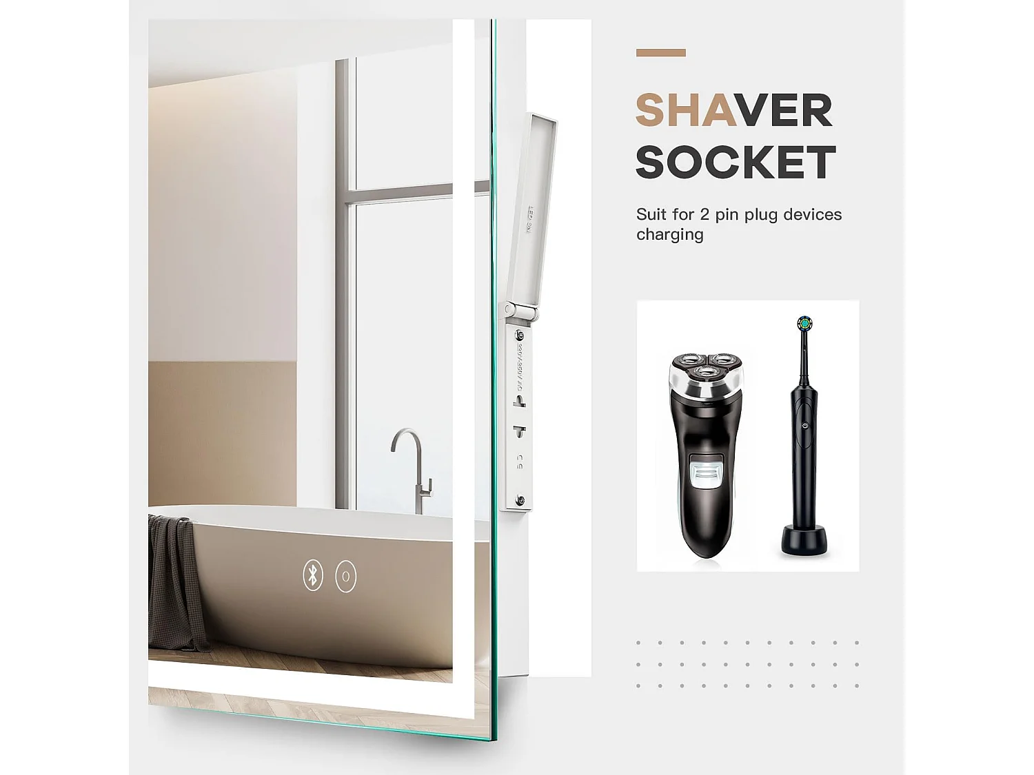 Specchio da bagno a LED 60x80cm Bluetooth, antiappannamento, 3 colori, dimmerabile, presa per rasoio, interruttore touch, memoria